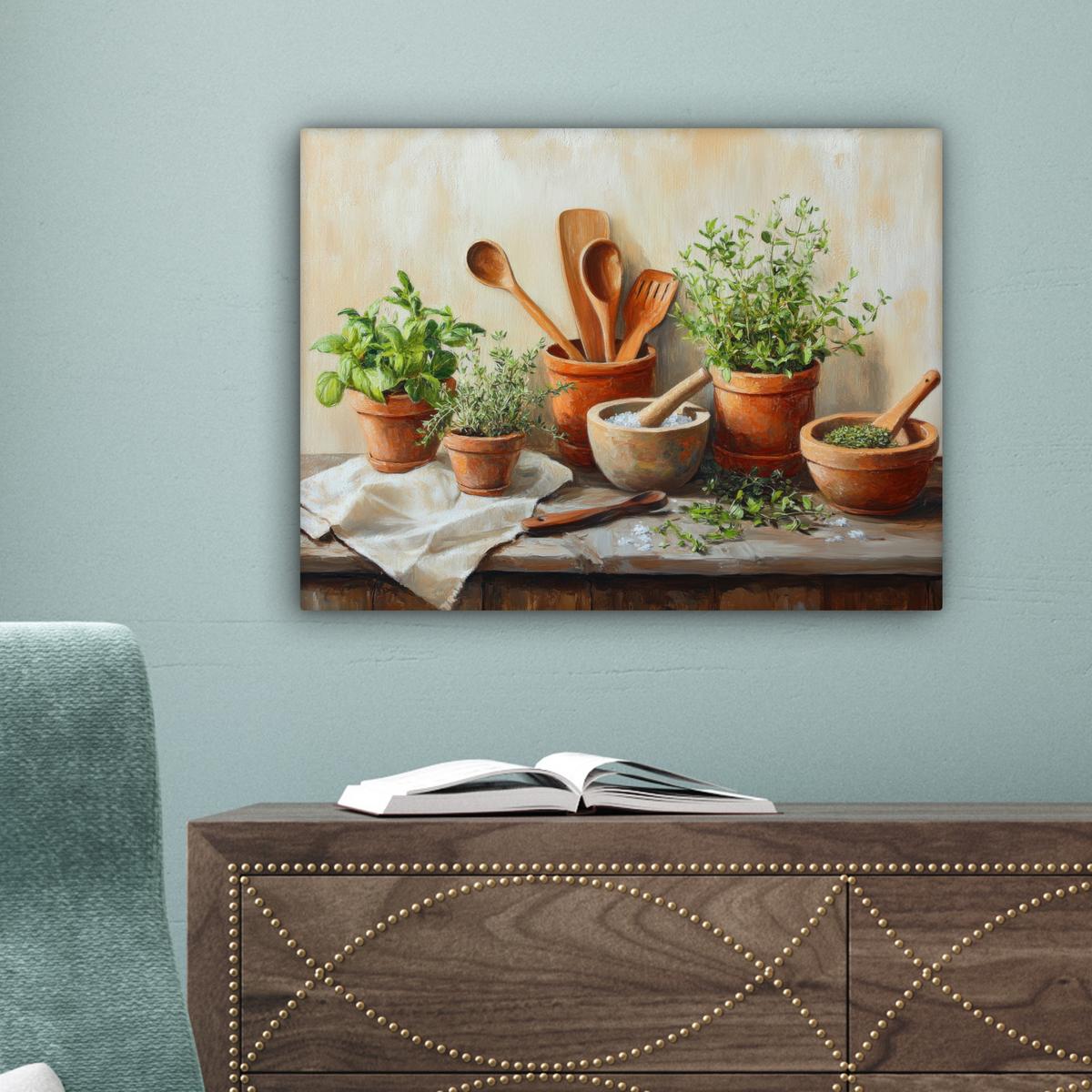 LEINWANDBILD Töpfe - Kräuter - Holz Wandbild 40x30 cm - Terracotta, Textil (40/30cm) - MuchoWow