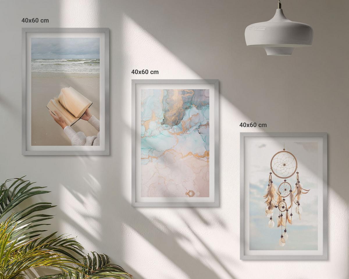 BILDER SET 3er Set - 40x60 cm Silberner Rahmen - Abstraktes Meeresbuch Boho - Silberfarben, Kunststoff (40/60cm) - TULUP