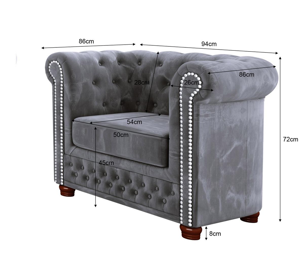 CHESTERFIELD-SESSEL Lauren Grau Samt - Braun/Grau, Holz/Textil (94/72/86cm) - S-Style Möbel