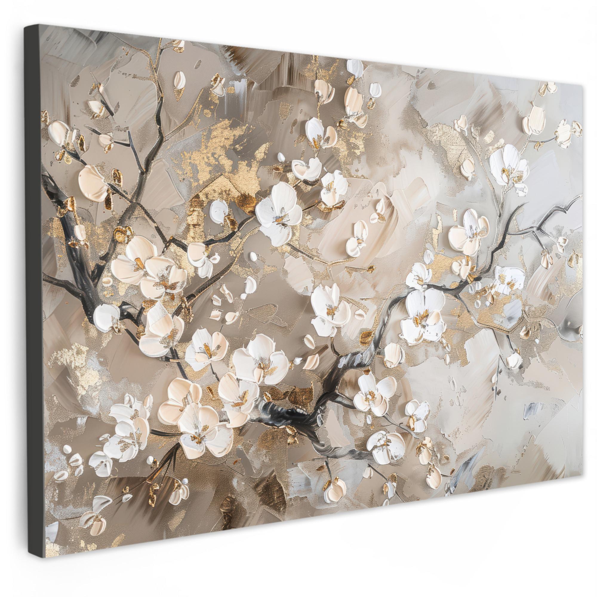 LEINWANDBILD Blumen - Weiß - Gold - Beige - Luxus Wanddeko 90x60 cm - Greige, Textil (90/60cm) - MuchoWow