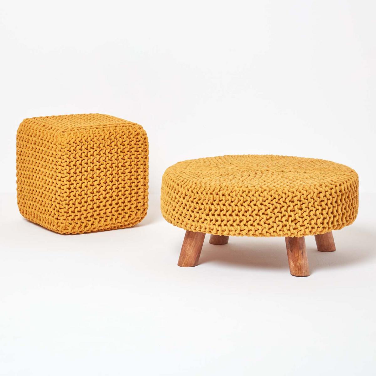 STRICK-HOCKER senfgelb, rund 62/62/30 cm - Currygelb, Textil (62/30/62cm) - Homescapes