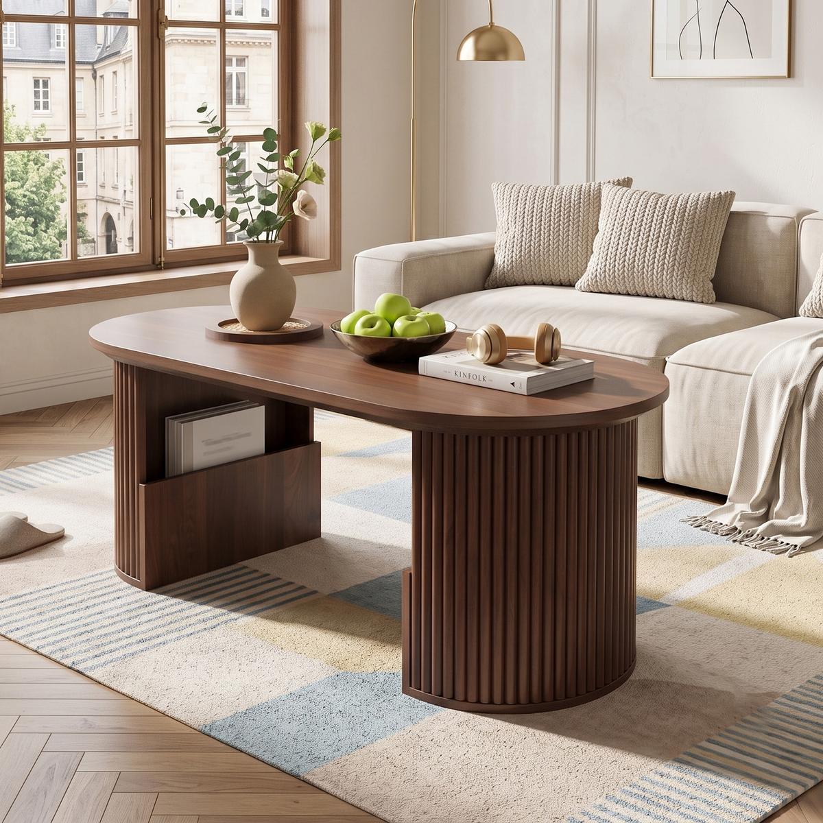 COUCHTISCH Oval Nussbaum Retro-Stil mit vertikaler Textur - Walnussfarben, Holzwerkstoff (50/105/46.5cm) - Urban Meuble