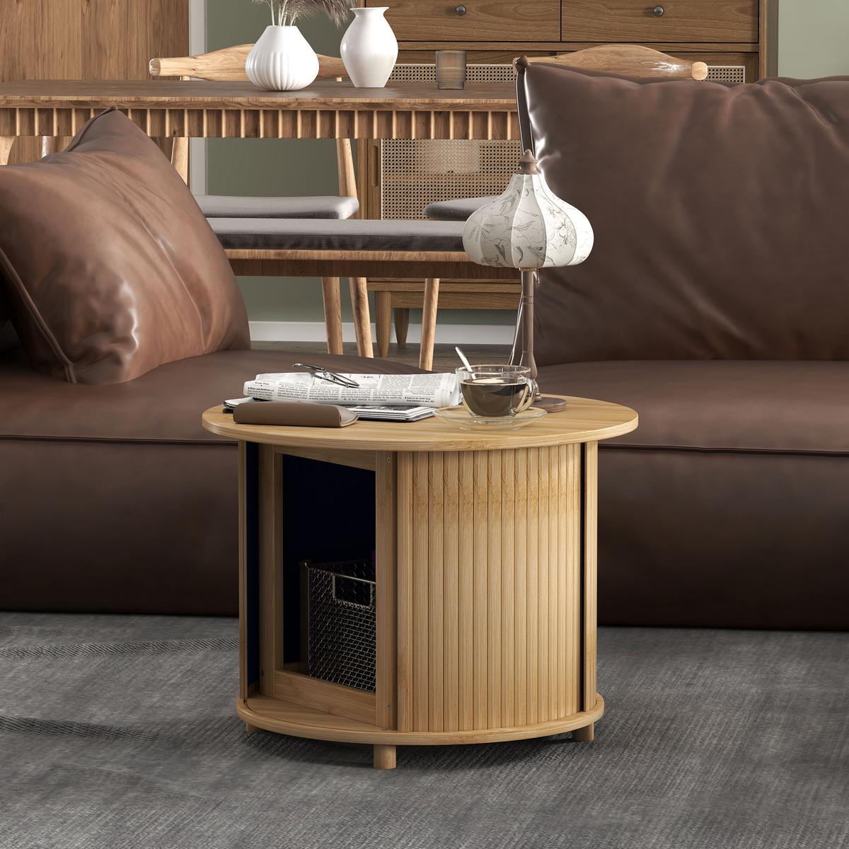 COUCHTISCH Wohnzimmertisch aus Bambus mit verstecktem Stauraum und Schiebetür - Naturfarben, Naturmaterialien/Bambusholz (60/60/45cm) - HOMCOM