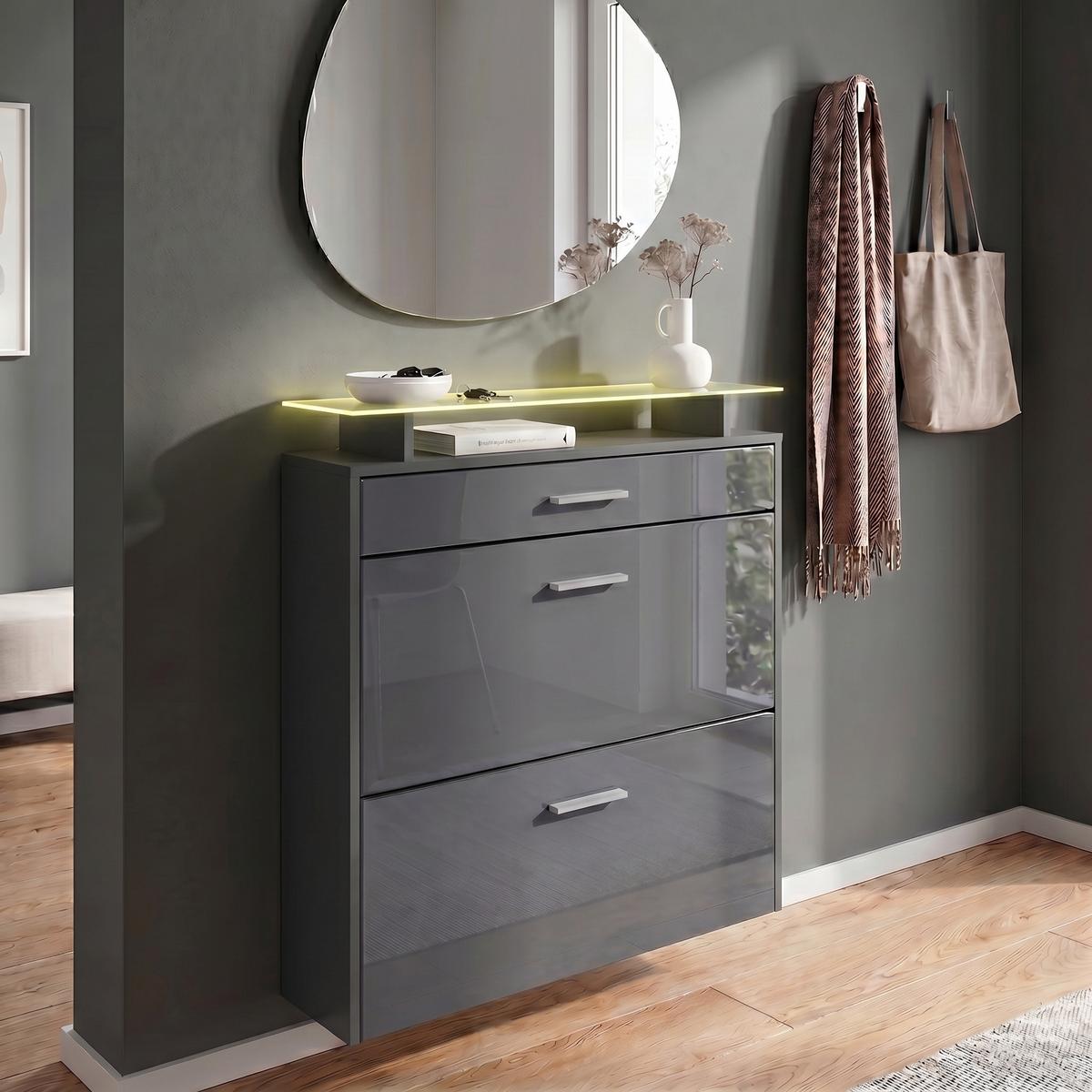 SCHUHSCHRANK Malea Fronten in Grau Hochglanz - Grau, Holzwerkstoff (89/96/23cm) - Vladon