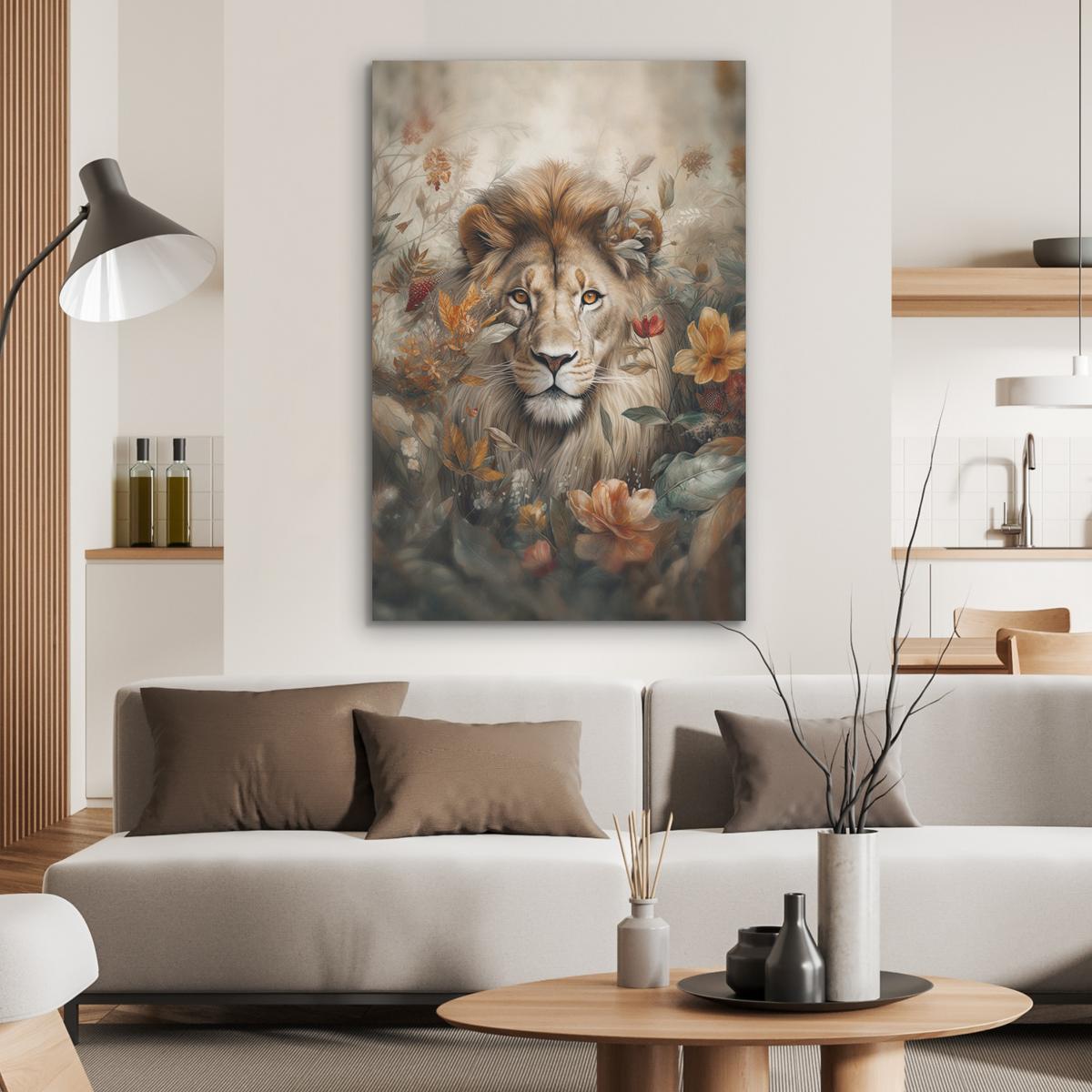 AKUSTIKBILD Löwe - Wildtiere - Pflanzen - Natur - Blumen Wanddeko 70x100 cm - Beige, Kunststoff (70/100/0.9cm) - MuchoWow