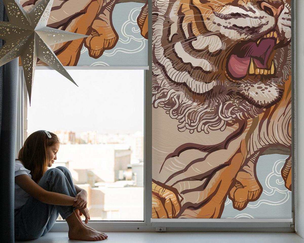 INNENROLLO - Fensterrollo - Rollo - 60x40 cm - Tiger in Blumen - Orange, Kunststoff (60/140/0.5cm) - TULUP