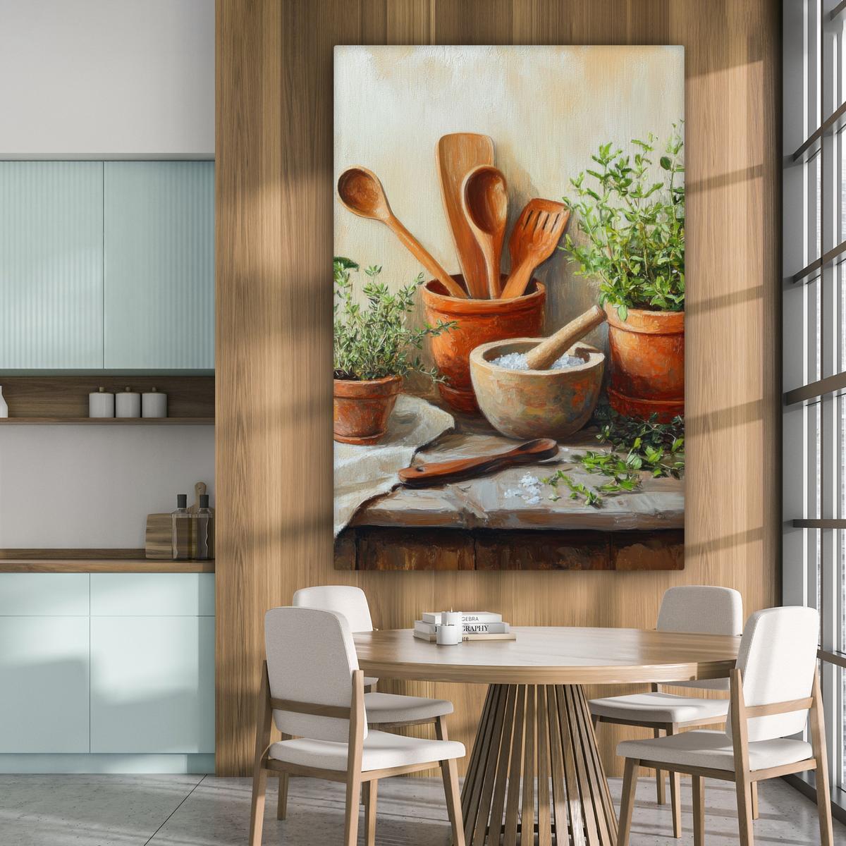 LEINWANDBILD Töpfe - Kräuter - Holz Deko Groß 90x140 cm - Terracotta, Textil (90/140cm) - MuchoWow
