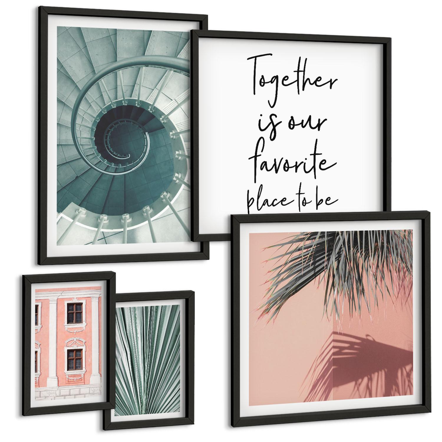 BILDER SET 5er Set - 50x50 cm & 20x30 cm & 40x60 cm Schwarzer Rahmen - Architektur-Pastellmuster - Schwarz, Kunststoff (40/60cm) - TULUP