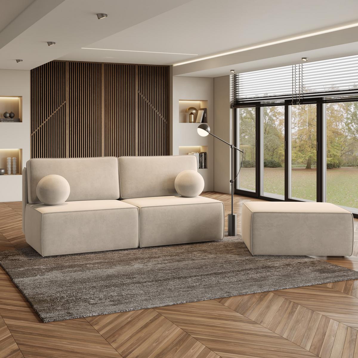 ECKSOFA VARNA M Creme Velours-Stoff mit Schlaffunktion - Creme/Grau, Holz/Kunststoff (196/158cm) - MASSENO