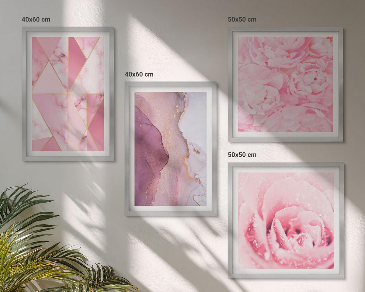 BILDER SET 4er Set - 50x50 cm & 40x60 cm Silberner Rahmen - Rosa geometrische Pfingstrosen - Silberfarben, Kunststoff (50/50cm) - TULUP