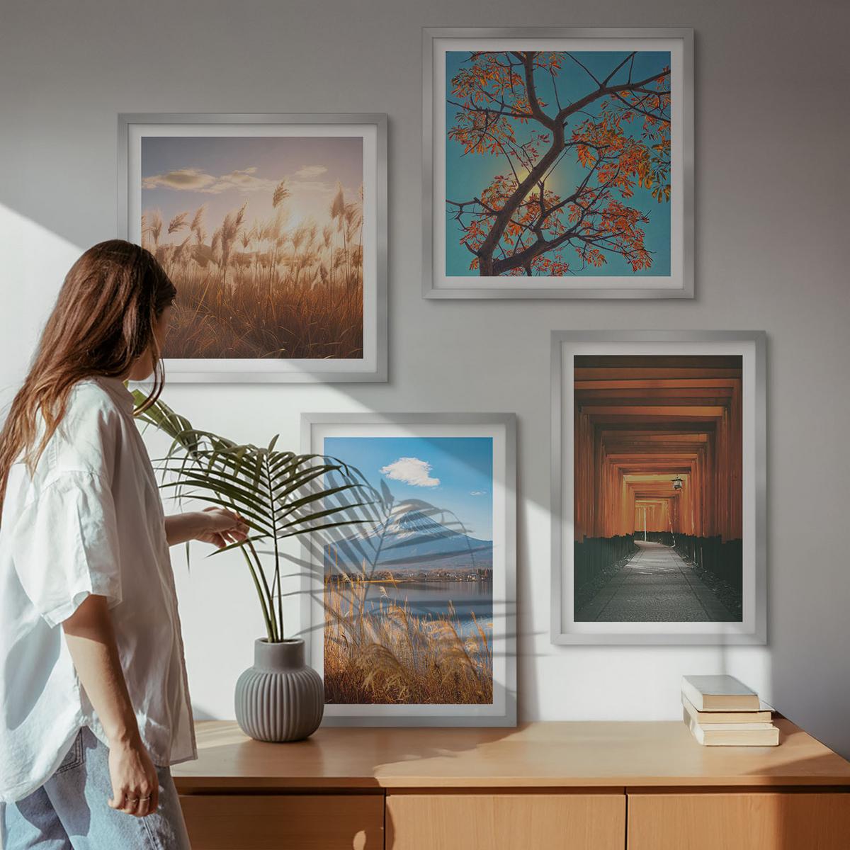 BILDER SET 4er Set - 50x50 cm & 40x60 cm Silberner Rahmen - Japanische Naturlandschaften - Silberfarben, Kunststoff (50/50cm) - TULUP