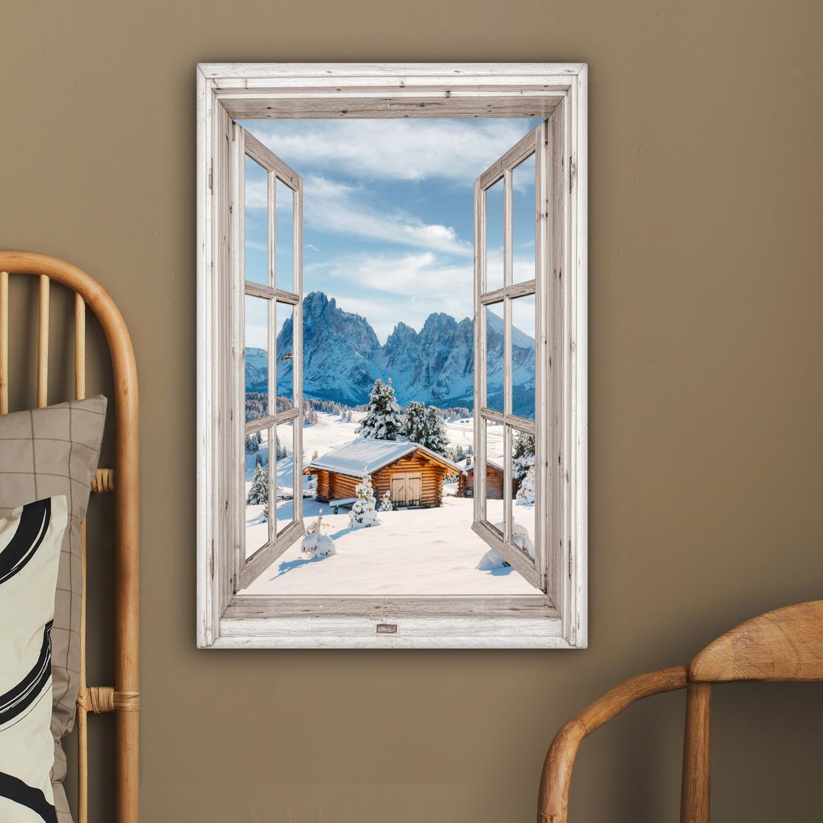 LEINWANDBILD Winterlandschaft - Hütte - Berge - Ausblicke - Aussicht - Natur Wanddeko 40x60 cm - Weiß Hochglanz, Textil (40/60cm) - MuchoWow