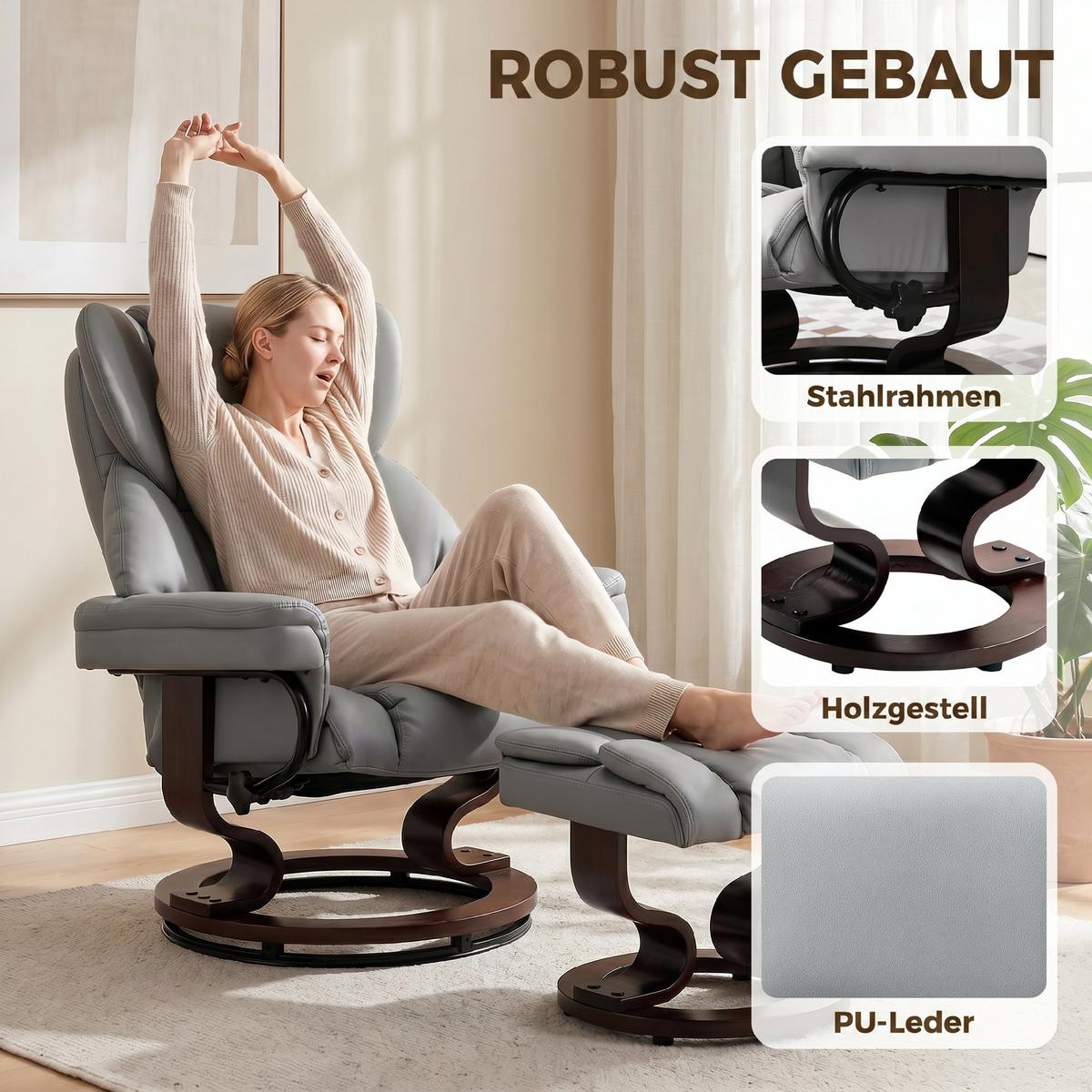 RELAXSESSEL-MIT-FUSSHOCKER PU Leder Hellgrau - Hellgrau/Braun, Holz/Kunststoff (79/100/80cm) - HOMCOM