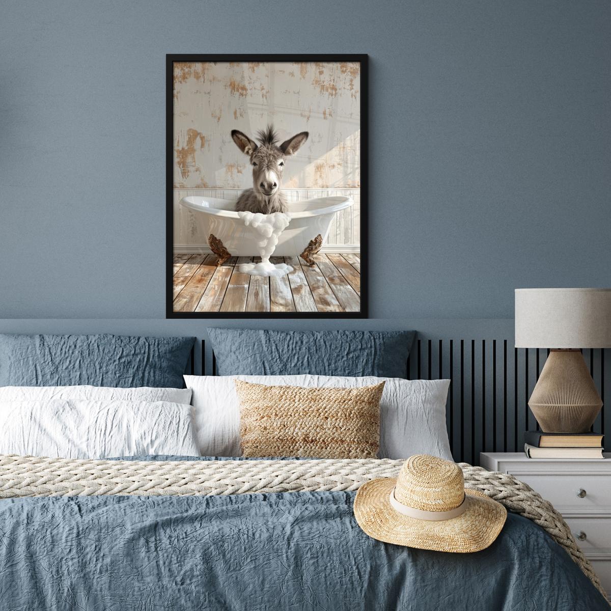 POSTER MIT RAHMEN Esel - Tiere - Badewanne - Schaumstoff Posterleiste 60x80 cm - Weiß, Papier (60/80cm) - MuchoWow