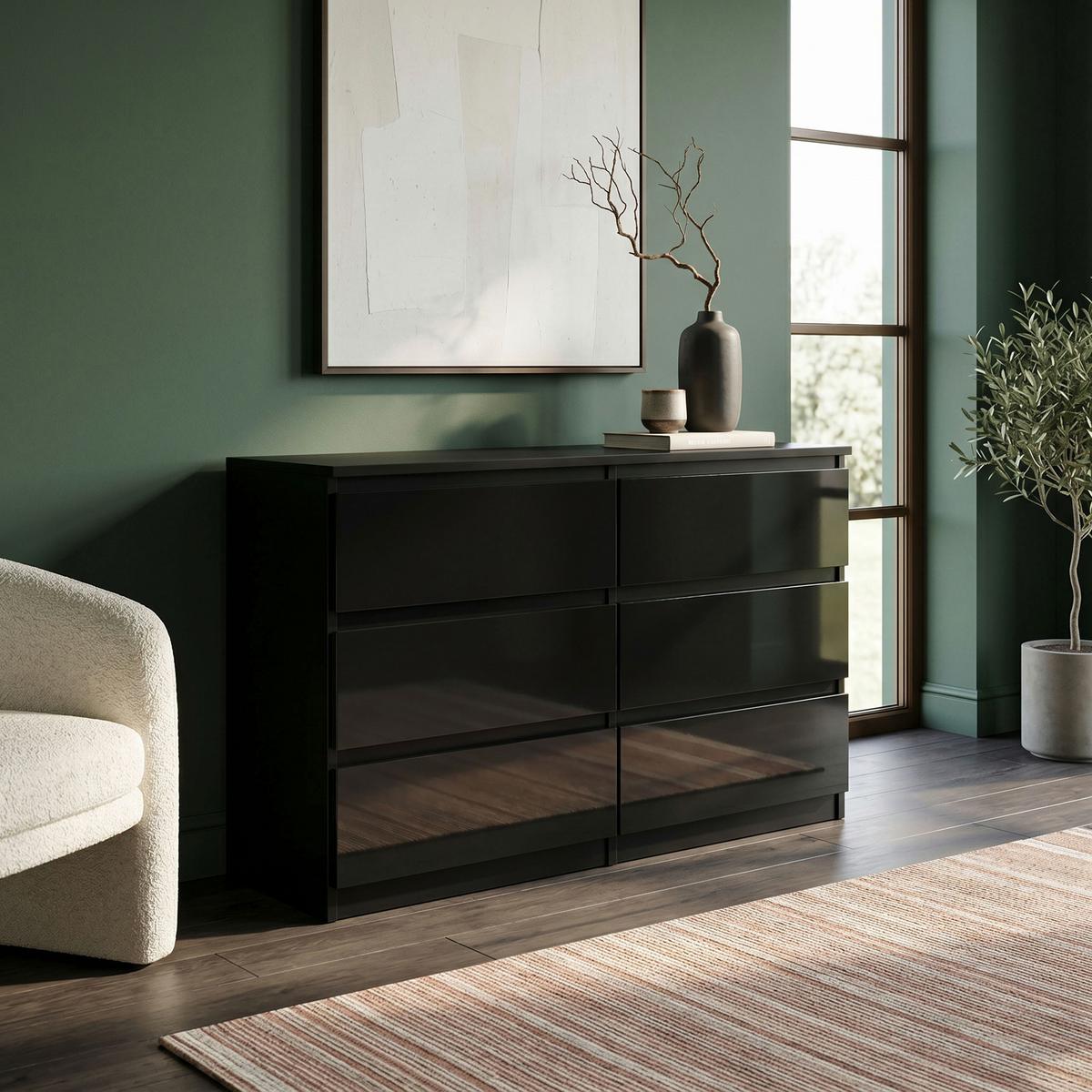 KOMMODE NUDO 120/78,5/39cm mit 6 Schubladen Türen Schwarz - Schwarz Hochglanz/Schwarz, Holzwerkstoff (120/78.5/39cm) - MASSENO