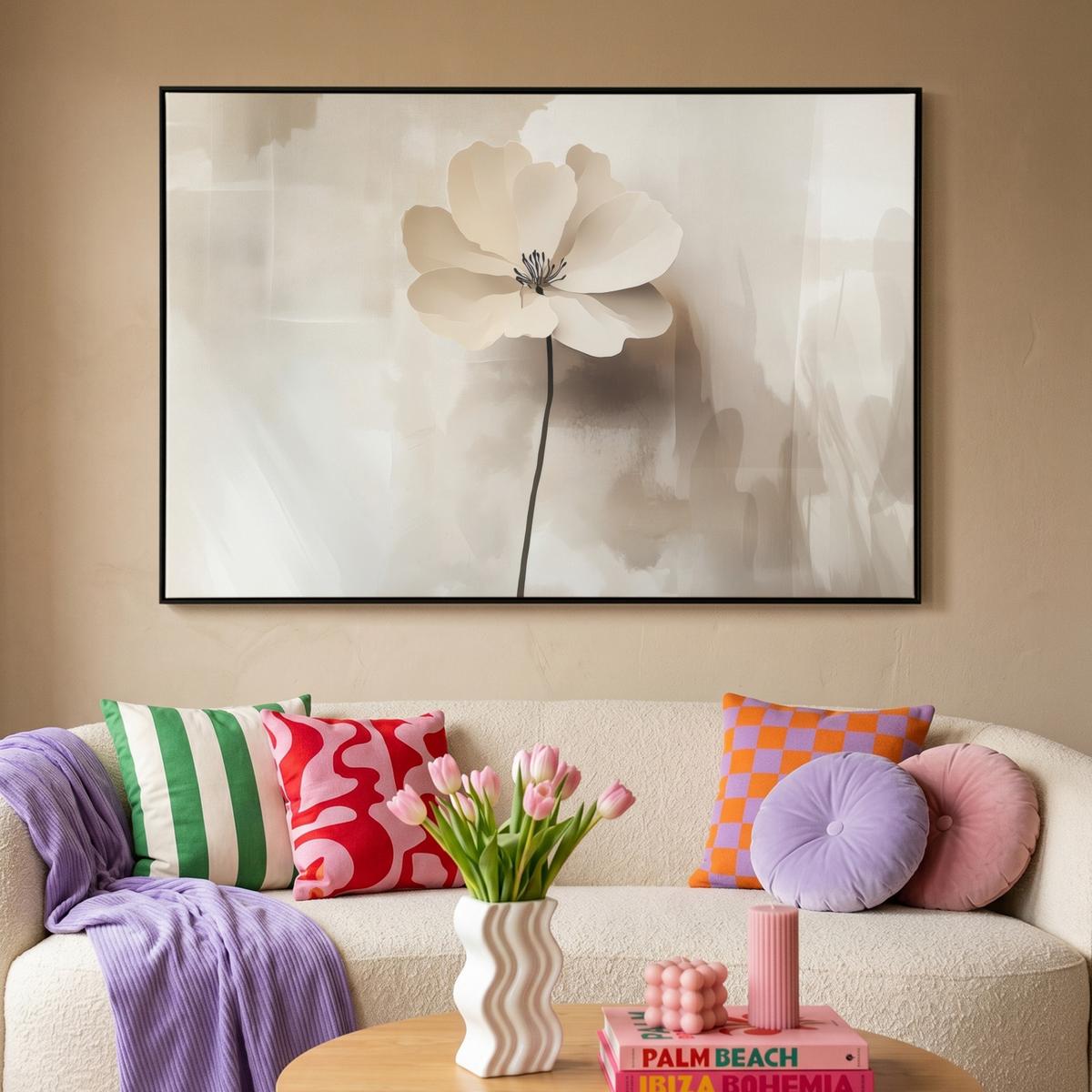 LEINWAND Bilder mit Rahmen - Blume - Beige - Farbe - Schatten - 140x90 - Creme, Textil (140/90cm) - MuchoWow