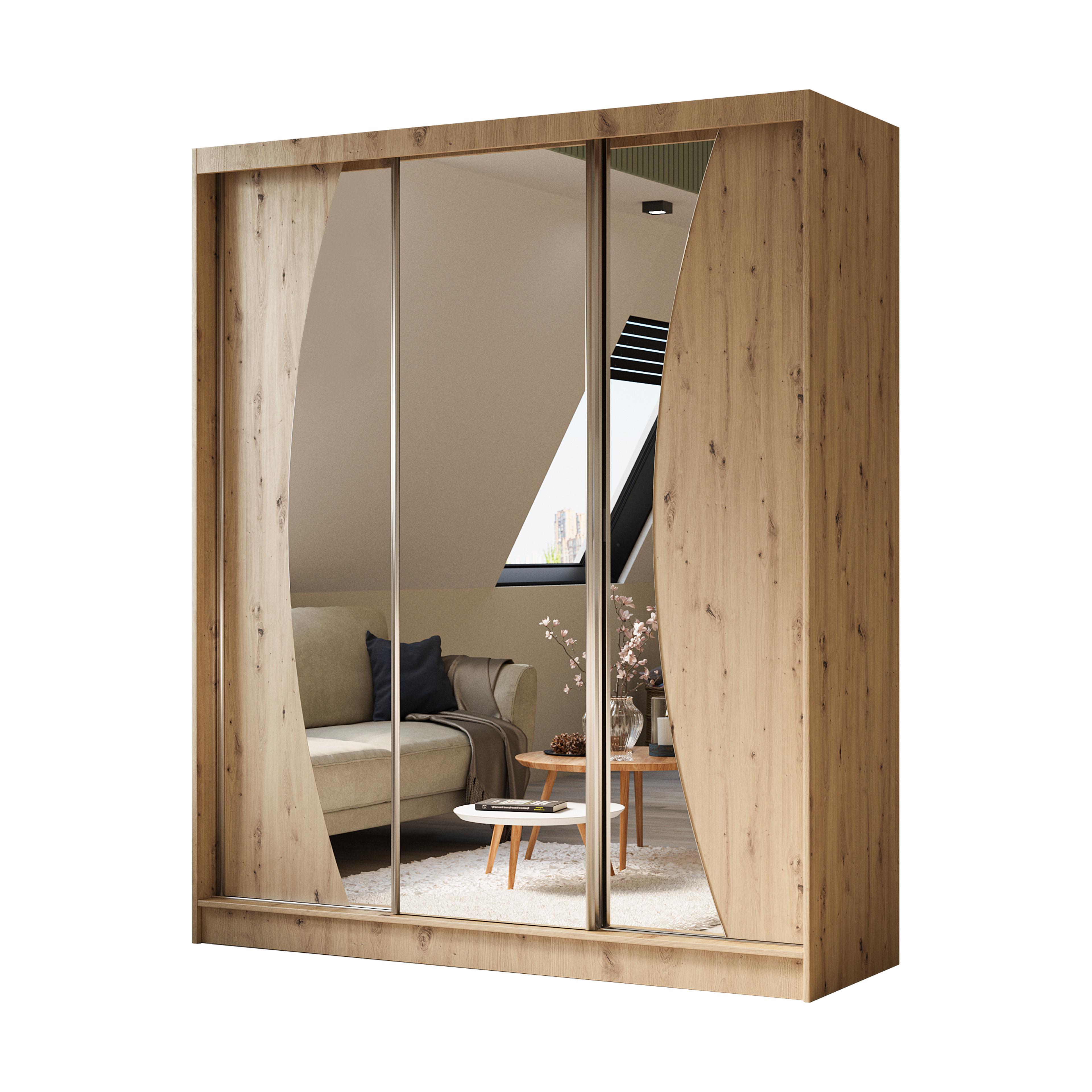 KLEIDERSCHRANK mit Spiegel-Schiebetüren und Aluminium-Leisten - VOXI - 180 cm Eiche Artisan - Eiche Artisan, Holzwerkstoff (180/216/61cm) - ALTDECOR
