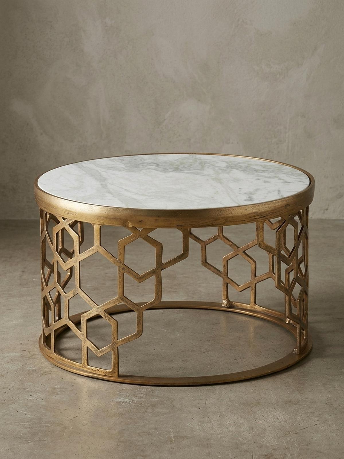 COUCHTISCH Weiß Marmor und Metall, Rund, Maße 60x60x36 cm, Modernes Design - Goldfarben/Weiß, Stein/Metall (60/60/36cm) - KADIMA DESIGN