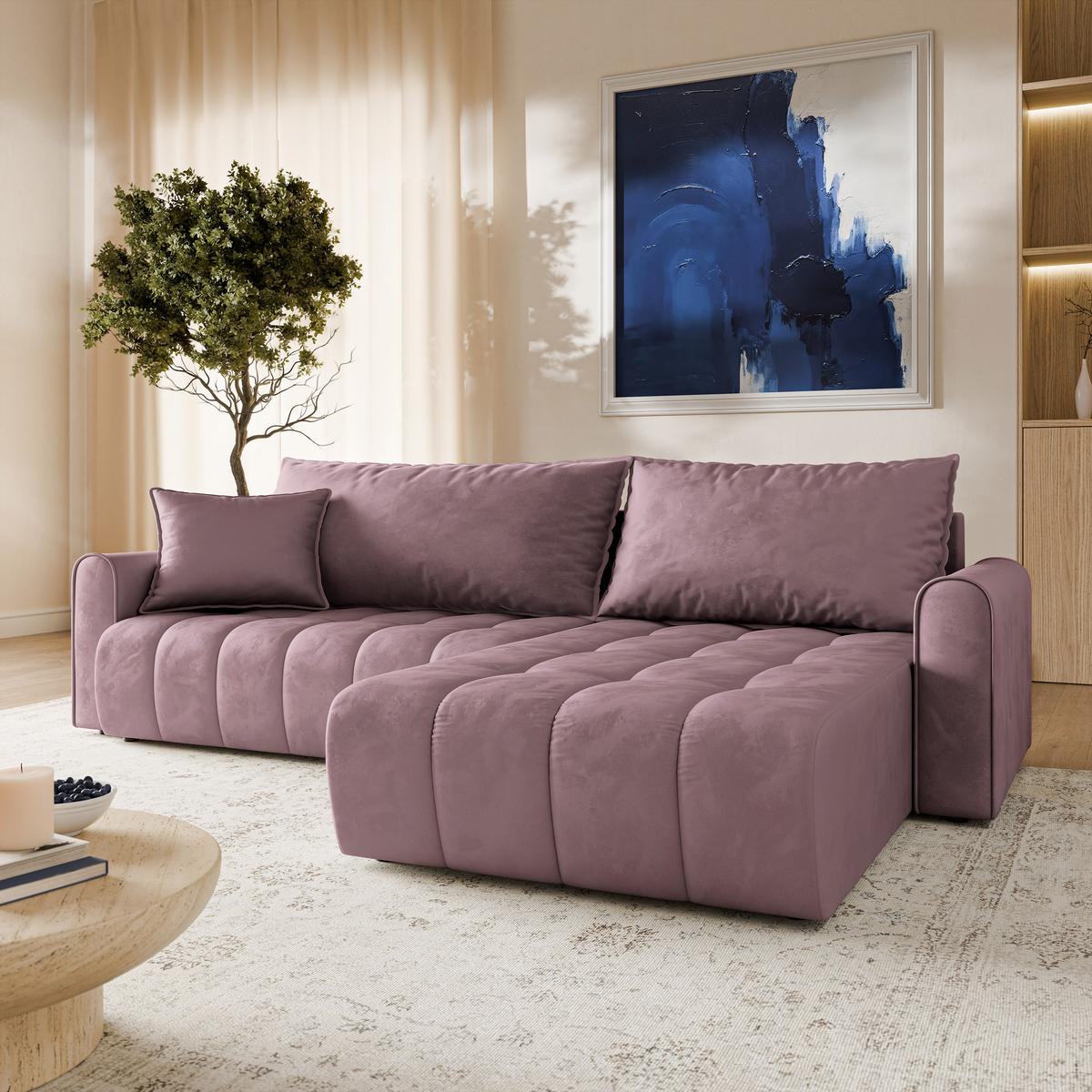 ECKSOFA FRIGA Lila Velours-Stoff mit Schlaffunktion - Lila, Holz (283/185cm) - MASSENO
