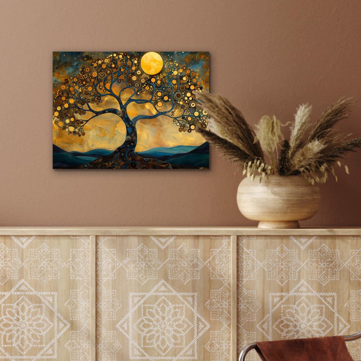 METALLBILD Baum - Mond - Blumen - Gold - Kunst 40x30 cm - Orange, Metall (40/30cm) - MuchoWow