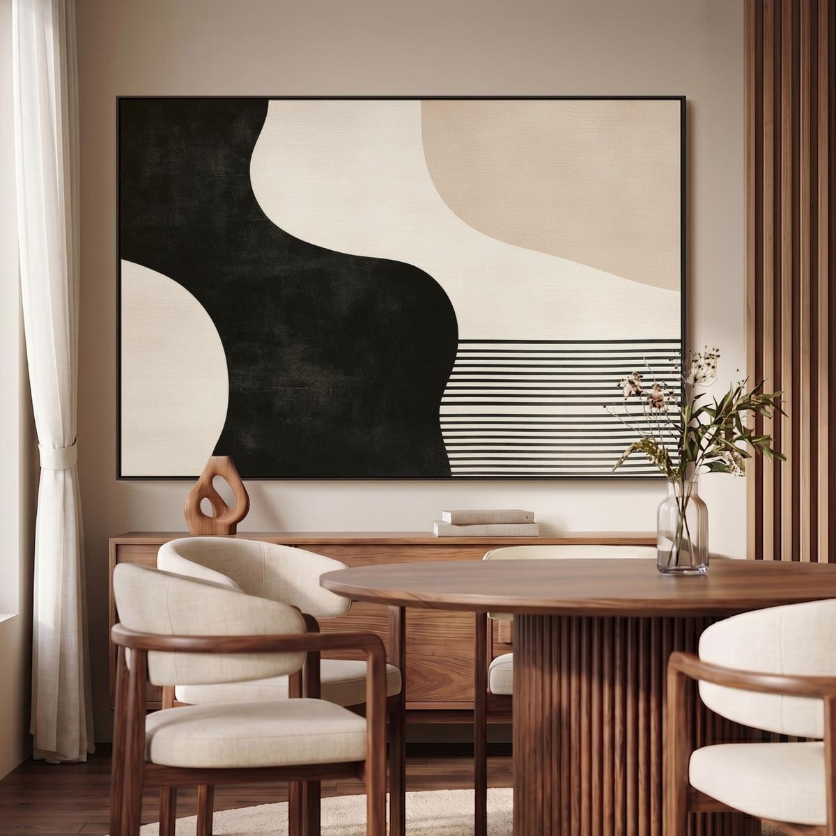 LEINWAND Bilder mit Rahmen - Abstrakt - Japandi - Beige - Modern - 140x90 - Schwarz, Textil (140/90cm) - MuchoWow