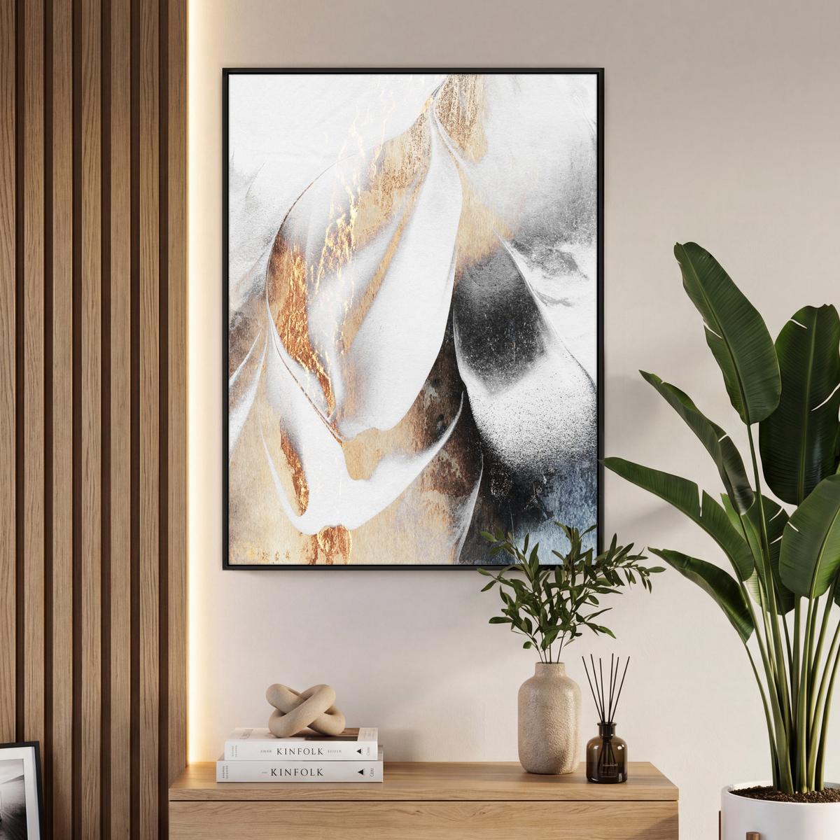 LEINWAND Bilder mit Rahmen - Luxus - Abstrakt - Gold - Weiß - 70x100 - Goldfarben, Textil (70/100cm) - MuchoWow