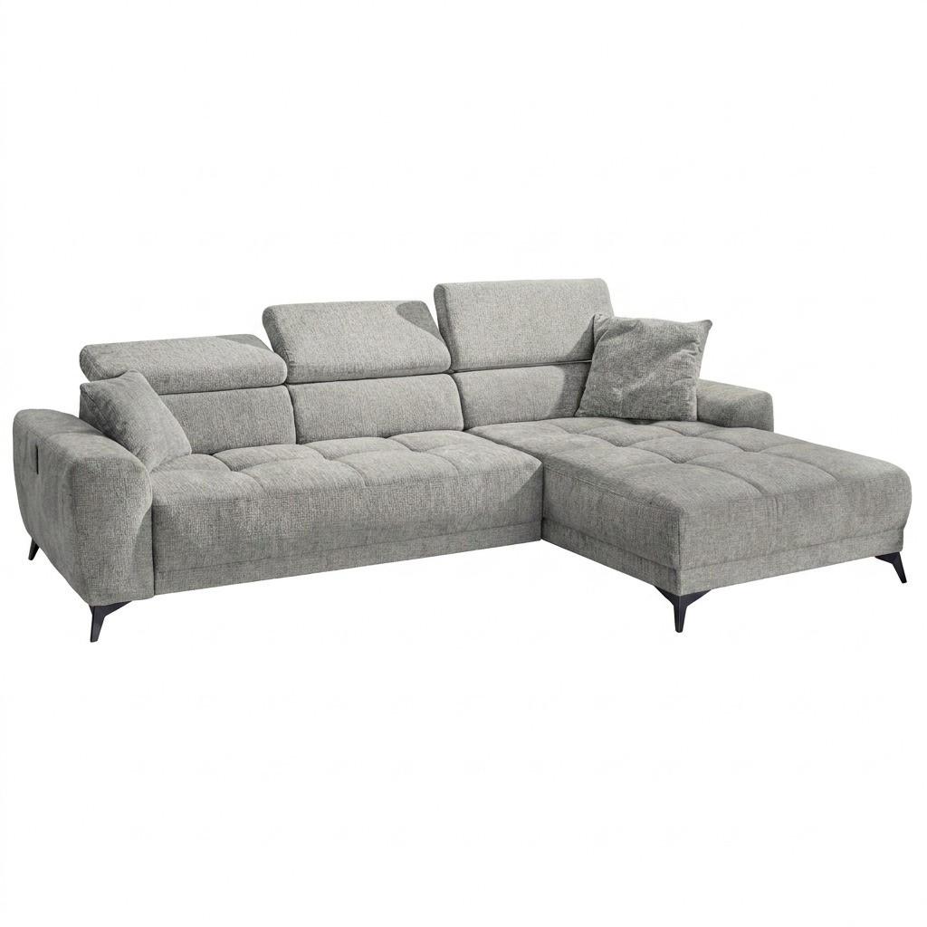 ECKSOFA mit elektrischer Sitztiefenverstellung, Kopflehnen verstellbar, USB-A und USB-C Ladefunktion B299/T200/H107 cm, Chenille Hellgrau / 15420 - Hellgrau/Schwarz, Holzwerkstoff/Textil (299/200cm) - luma-home