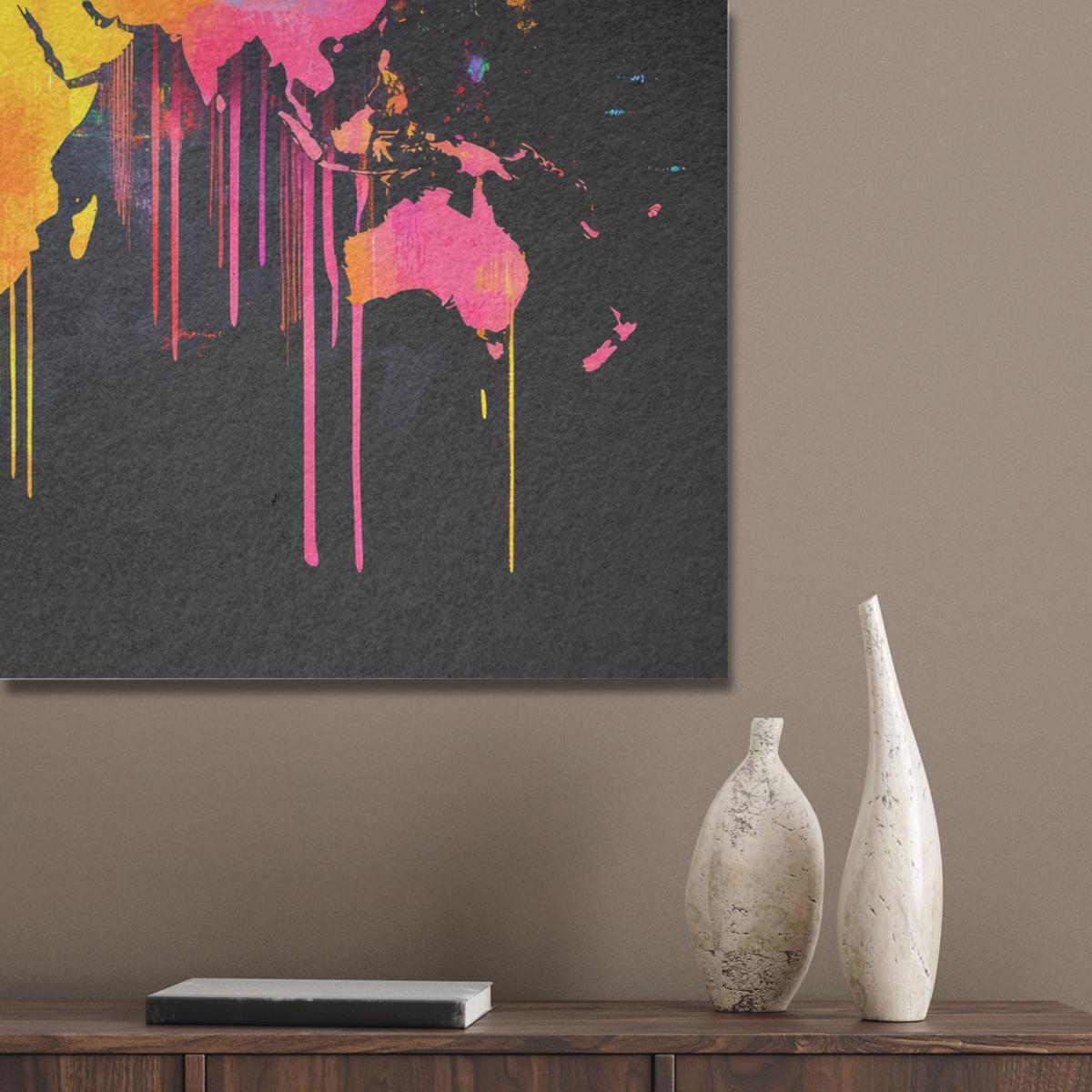 AKUSTIKBILD Weltkarte - Farbe - Bunt - Graffiti - Welt Gemälde 80x60 cm - Multicolor, Textil (80/60/0.9cm) - MuchoWow