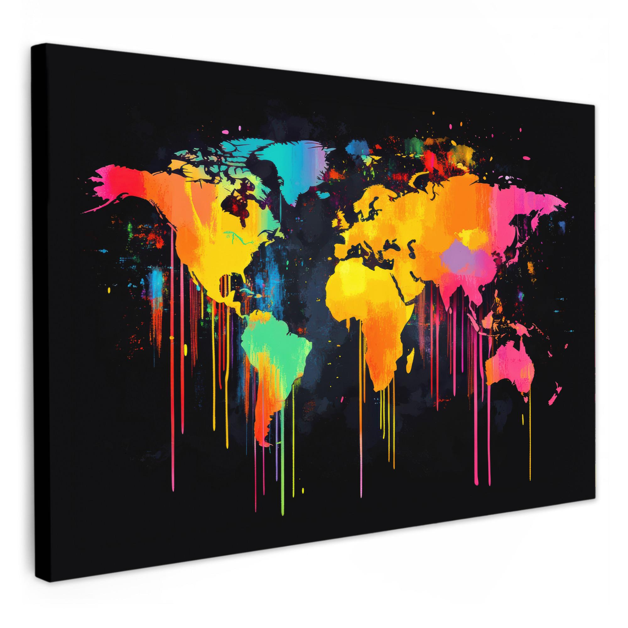 LEINWANDBILD Weltkarte - Farbe - Bunt - Graffiti - Welt Wohnzimmer Groß 120x80 cm - Multicolor, Textil (120/80cm) - MuchoWow