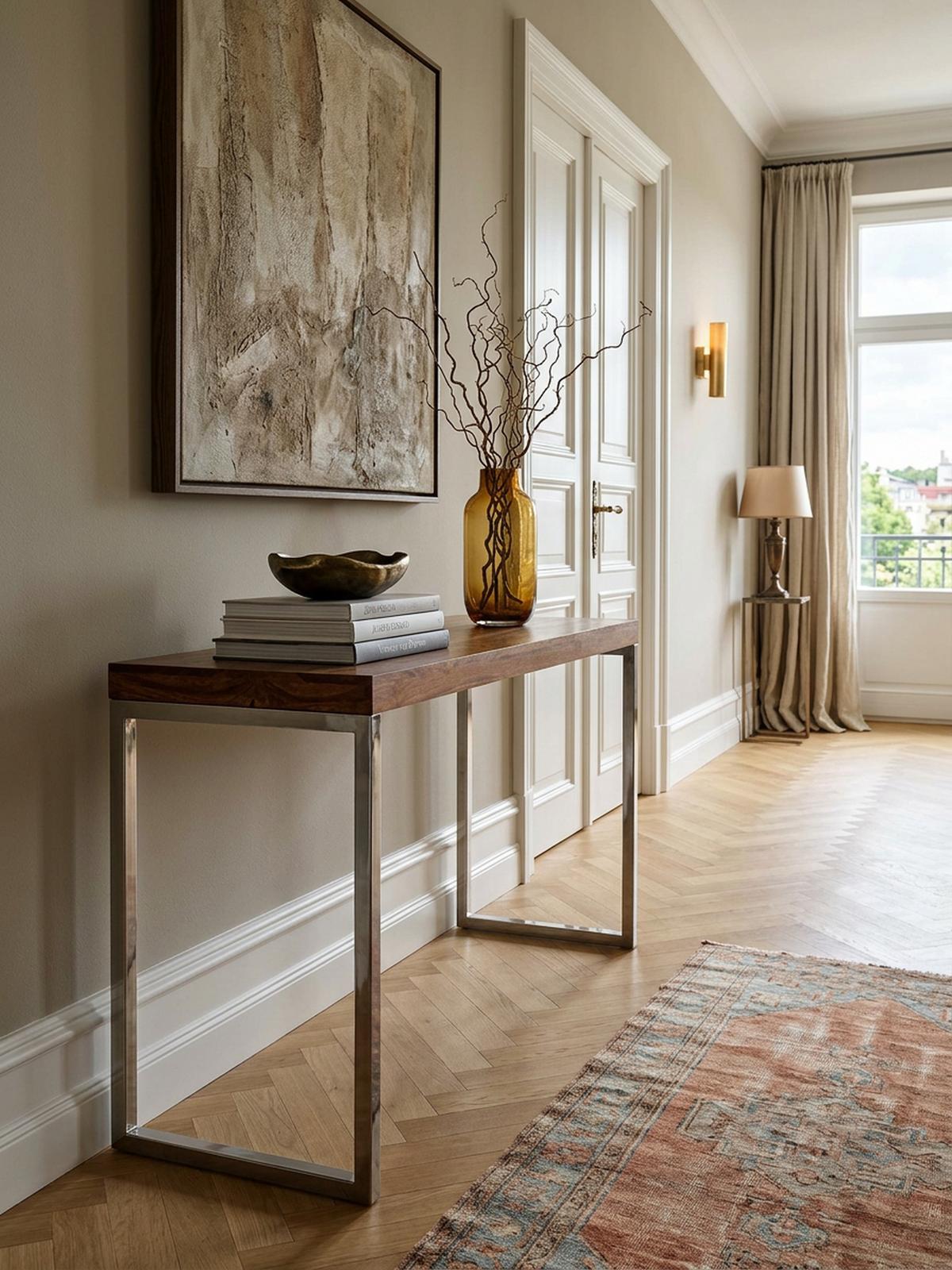 KONSOLENTISCH Massivholz Chromgestell Handgefertigt ISEN, Braun 120x45x77 cm - Silberfarben/Braun, Holz/Metall (45/120/77cm) - KADIMA DESIGN