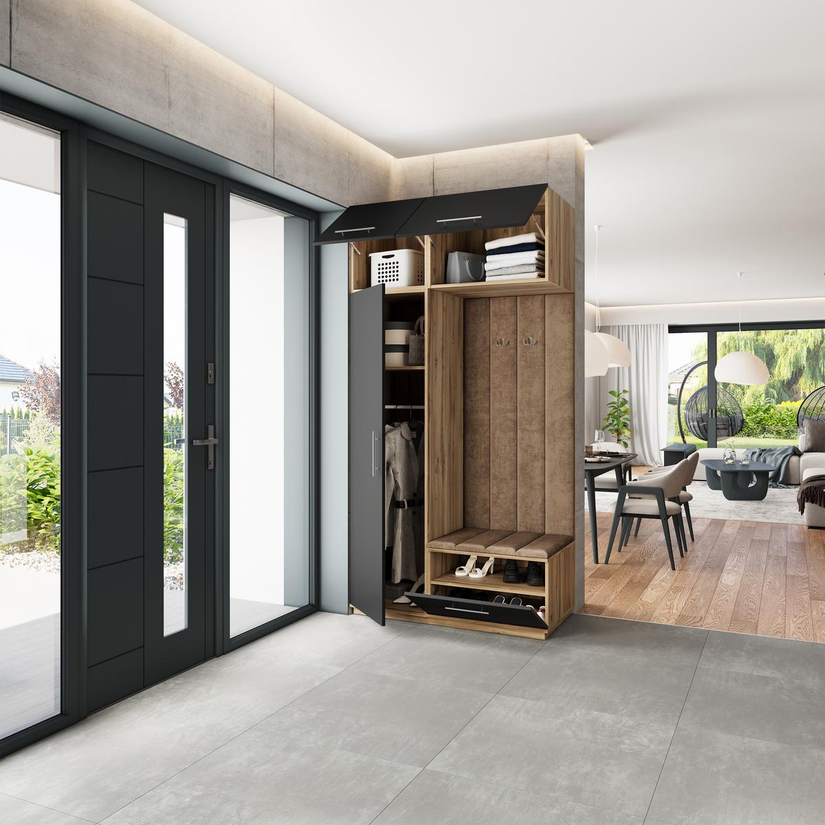 GARDEROBENSCHRANK REMA 120/240/60 cm Modern Garderobe-Set Eiche Wotan - Eiche Wotan/Schwarz, Holzwerkstoff (120/240/60cm) - MASSENO