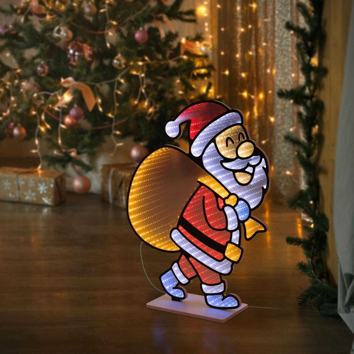 WEIHNACHTSDEKO Weihnachtsmann mit Geschenkesack LED Infinity Mirror 3D-Effekt mit Lichterkette 47x60 cm Innen - Multicolor, Kunststoff (47/60/15cm) - ECD-Germany