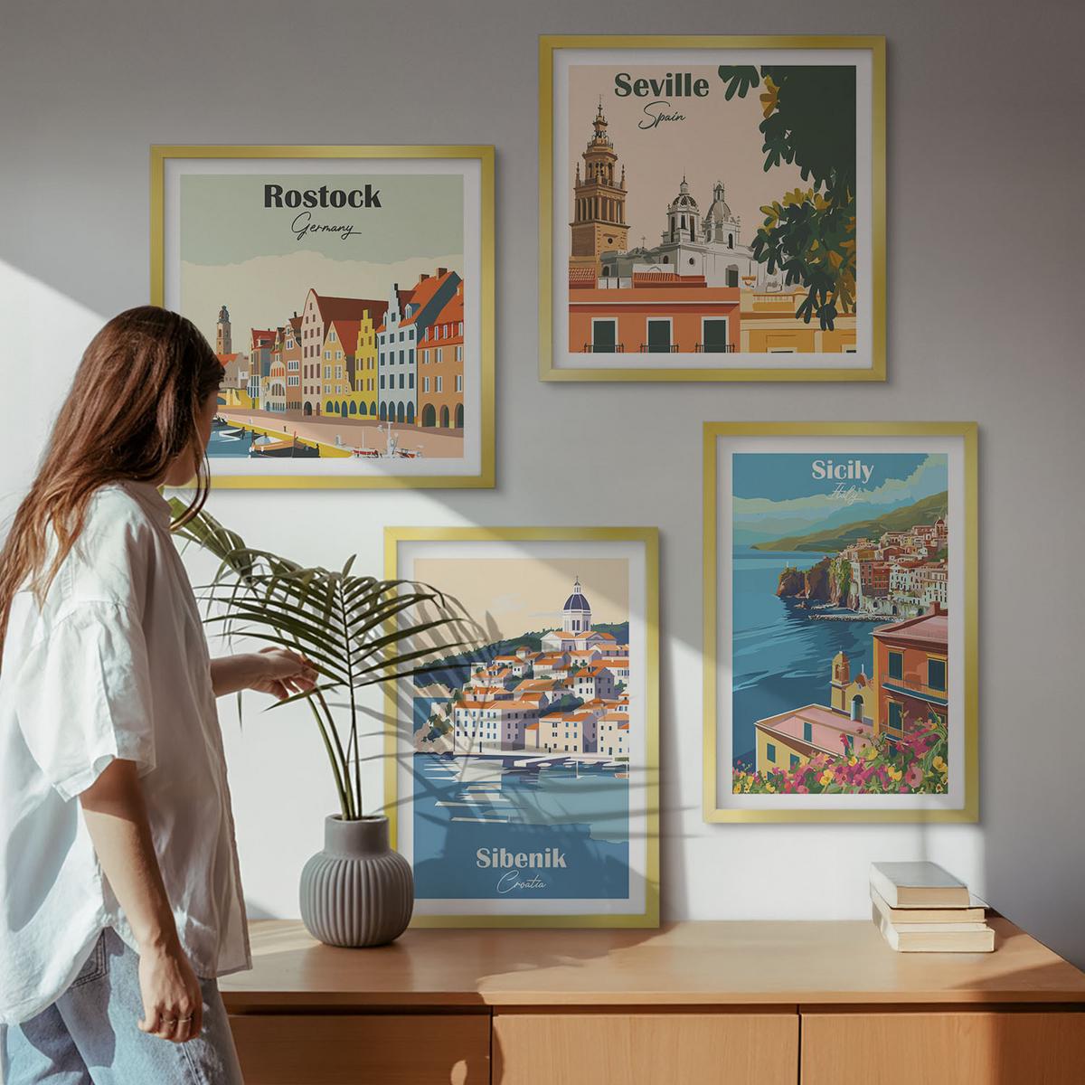 BILDER SET 4er Set - 50x50 cm & 40x60 cm Goldrahmen - Landschaften europäischer Städte - Goldfarben, Kunststoff (50/50cm) - TULUP