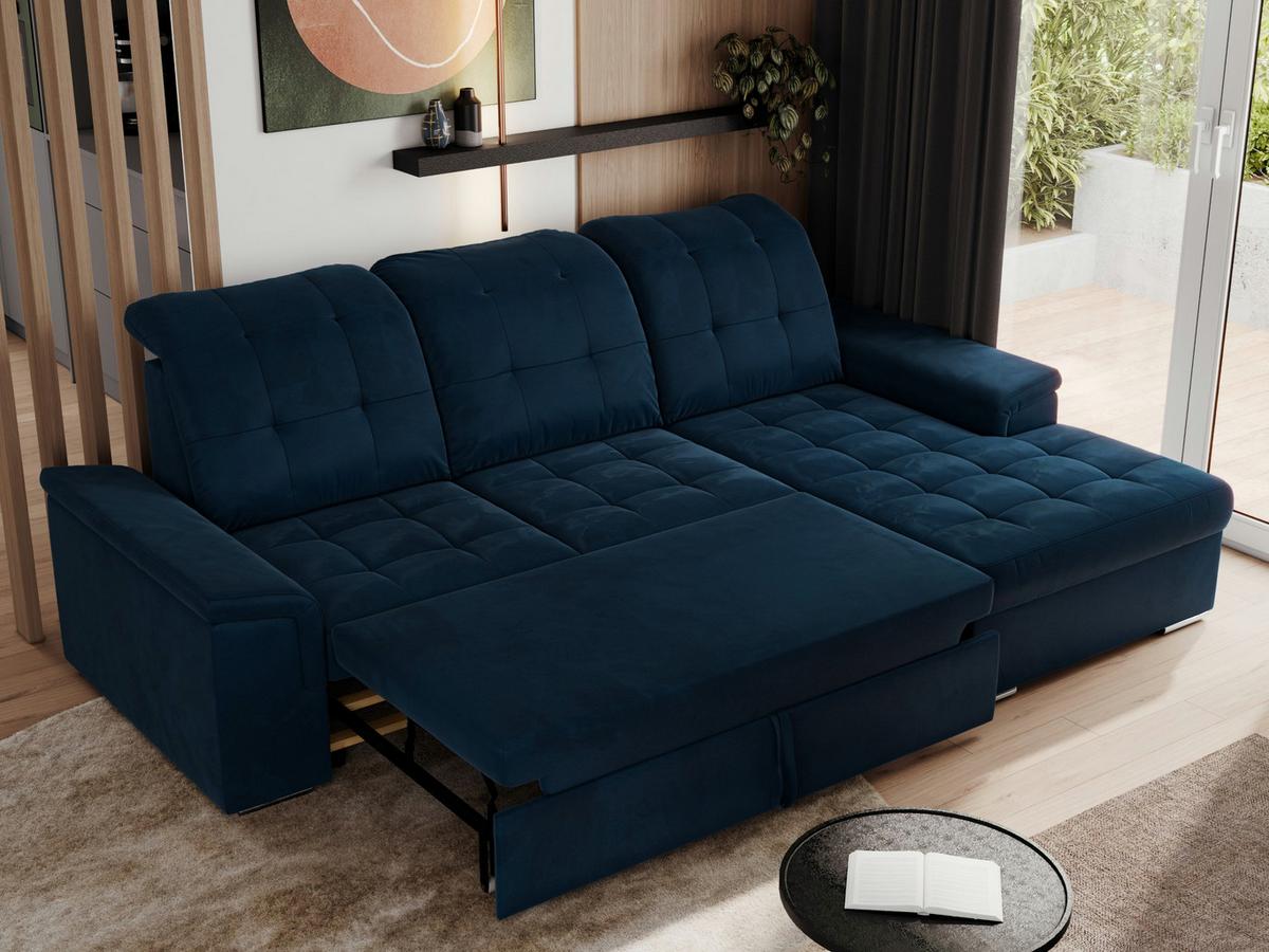 ECKSOFA MADRITO L - Dunkelblau Velorus - Rechts - Silberfarben/Dunkelblau, Textil/Metall (256/160cm)
