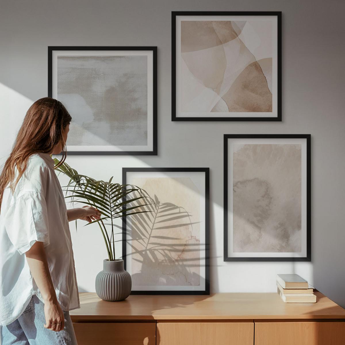 BILDER SET 4er Set - 50x50 cm & 40x60 cm Schwarzer Rahmen - Warme Aquarell-Pastelltexturen - Schwarz, Kunststoff (50/50cm) - TULUP