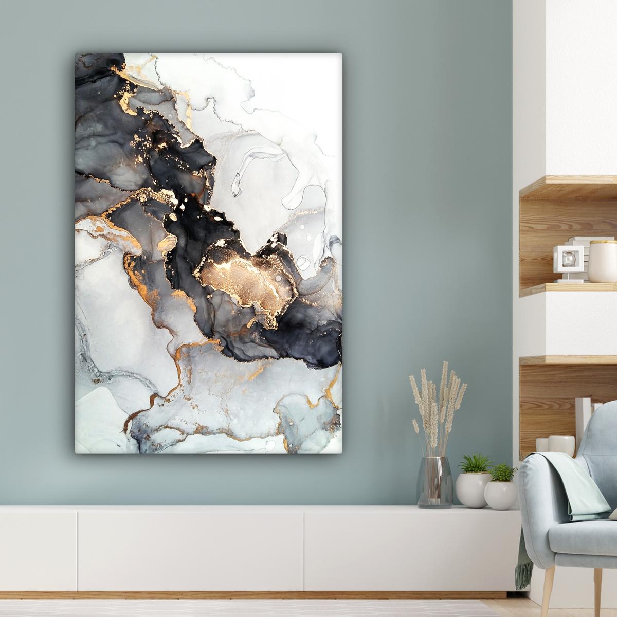 LEINWANDBILD Marmor - Schwarz - Weiß - Gold - Luxus - Abstrakt Deko XXL 80x120 cm - Goldfarben, Textil (80/120cm) - MuchoWow