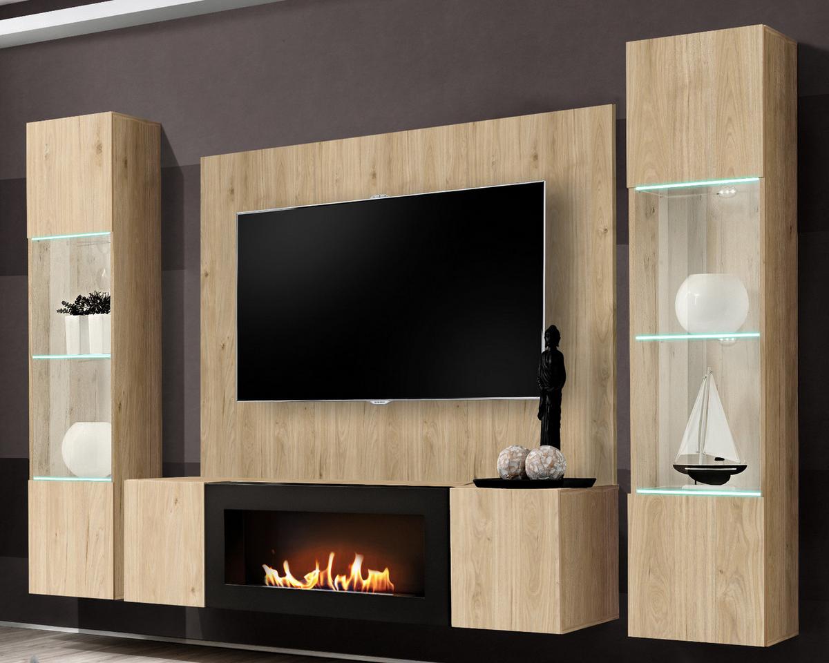 WOHNWAND Eiche Jackson 4-teilig 260 cm hängend, Anbauwand mit Ethanol Kamin - Eichefarben, Glas/Holzwerkstoff (260/170/40cm) - Inn.Furn