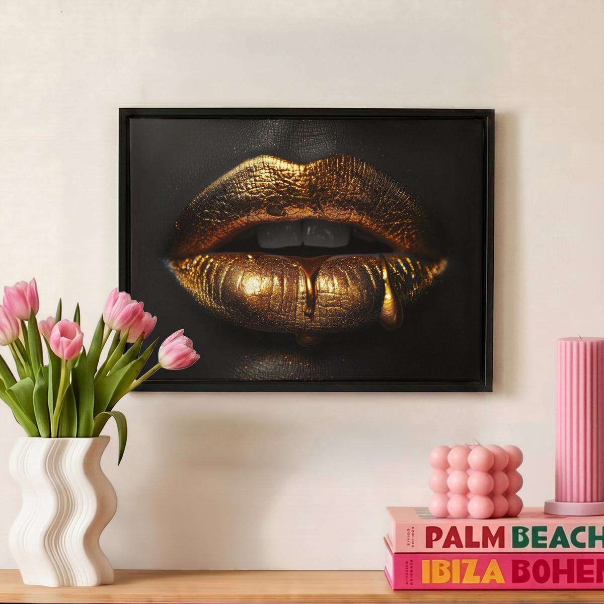 LEINWAND Bilder mit Rahmen - Frau - Porträt - Lippen - Gold - Schwarz - 40x30 - Schwarz, Textil (40/30cm) - MuchoWow
