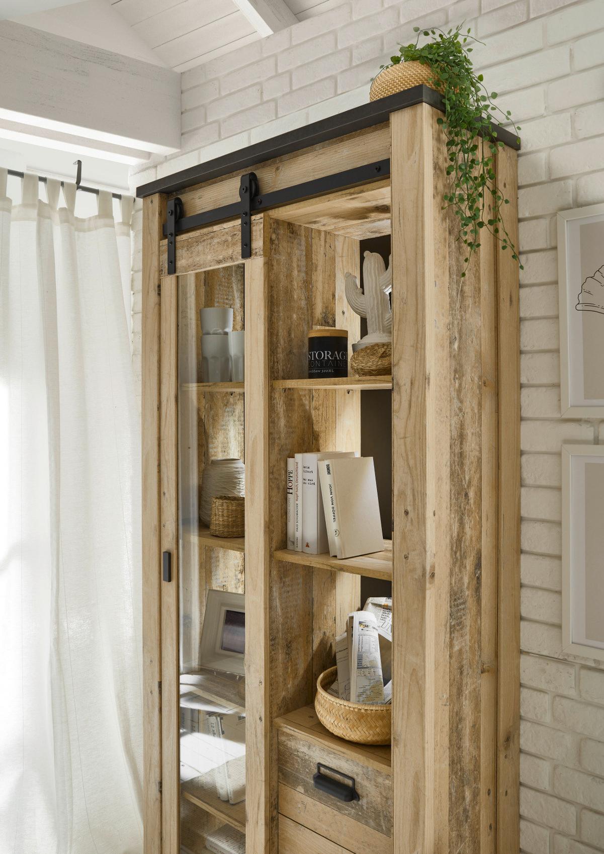 VITRINE Used Wood hell, anthrazit, Vitrinenschrank mit Schiebetür - Anthrazit/Schwarz, Glas/Holzwerkstoff (93/201/38cm) - Furn.Design