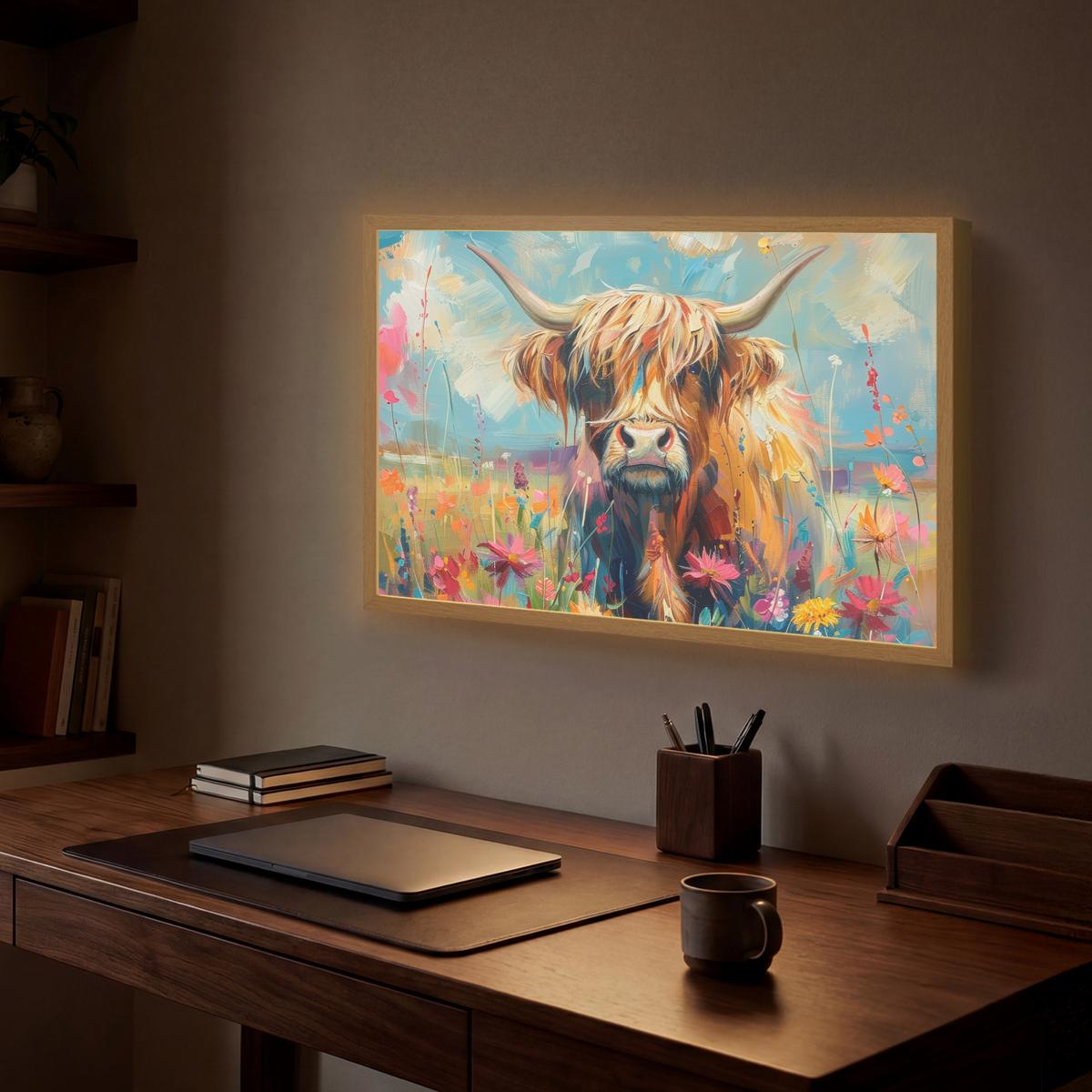 WANDLEUCHTE MIT AKKU Schottische Hochländer - Natur - Farbenfroh - Blumen 60x40 cm - Multicolor, Holzwerkstoff (60/40/8cm) - OnlyWow
