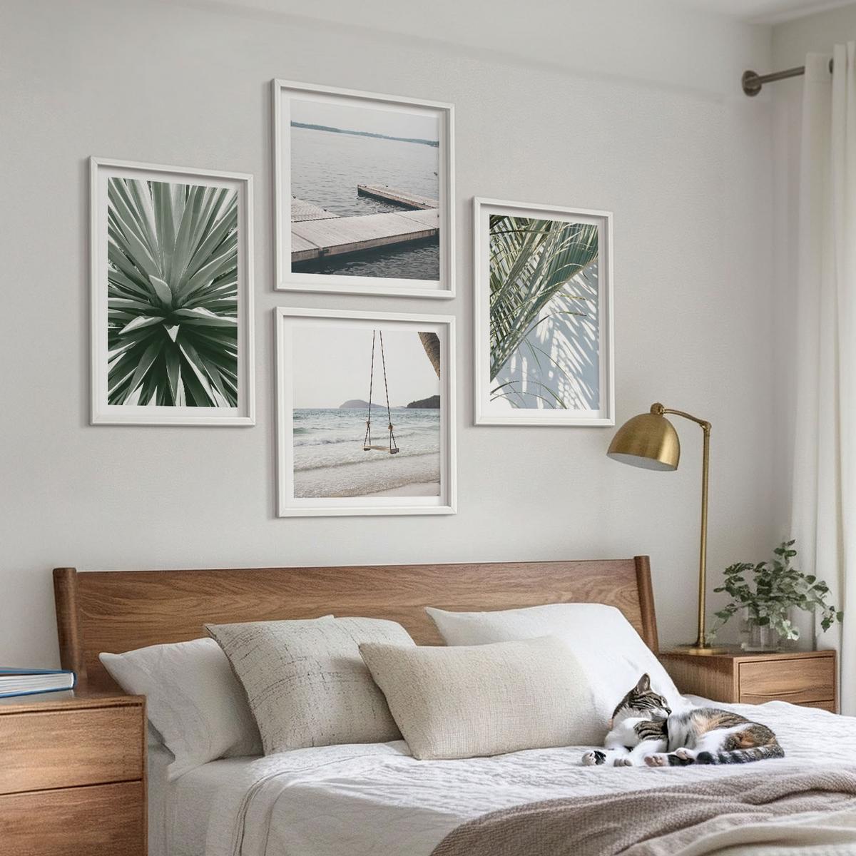 BILDER SET 4er Set - 50x50 cm & 40x60 cm Weißer Rahmen - Hängebrücke aus Palmenblättern - Weiß, Kunststoff (50/50cm) - TULUP