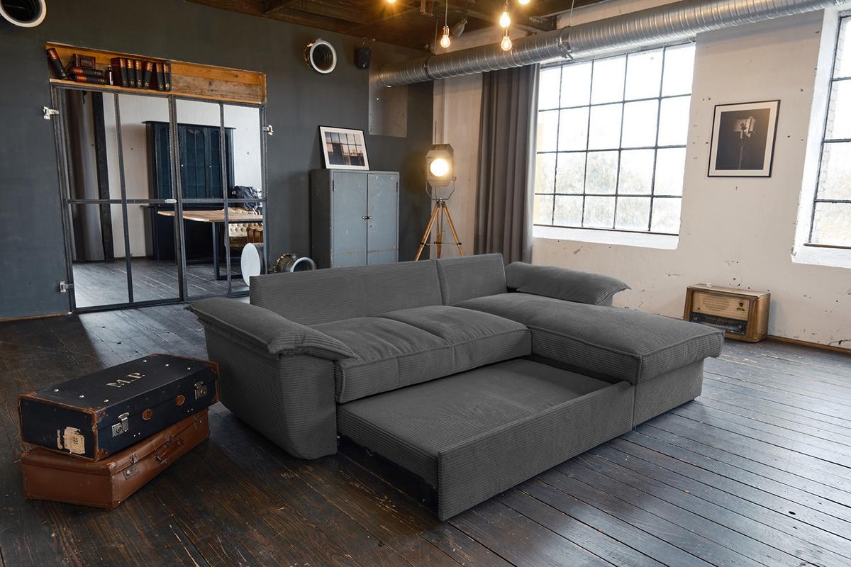 ECKSOFA DAMETO Grau Cord Mit Schlaffunktion - Schwarz/Grau, Kunststoff/Textil (266/174cm) - KAWOLA