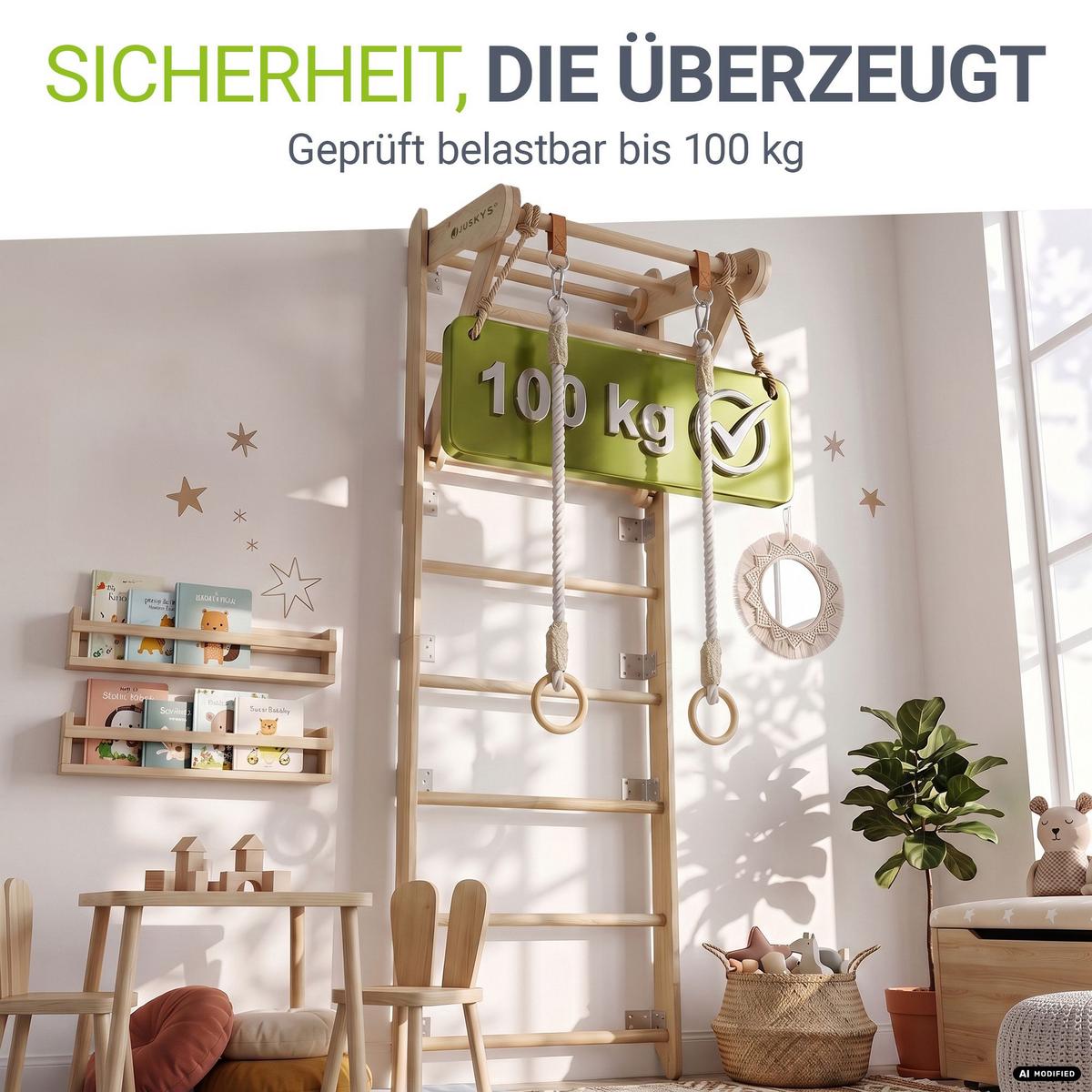 SPROSSENWAND für Kinder mit Turnringen - Naturfarben, Holz (62/57cm) - Juskys