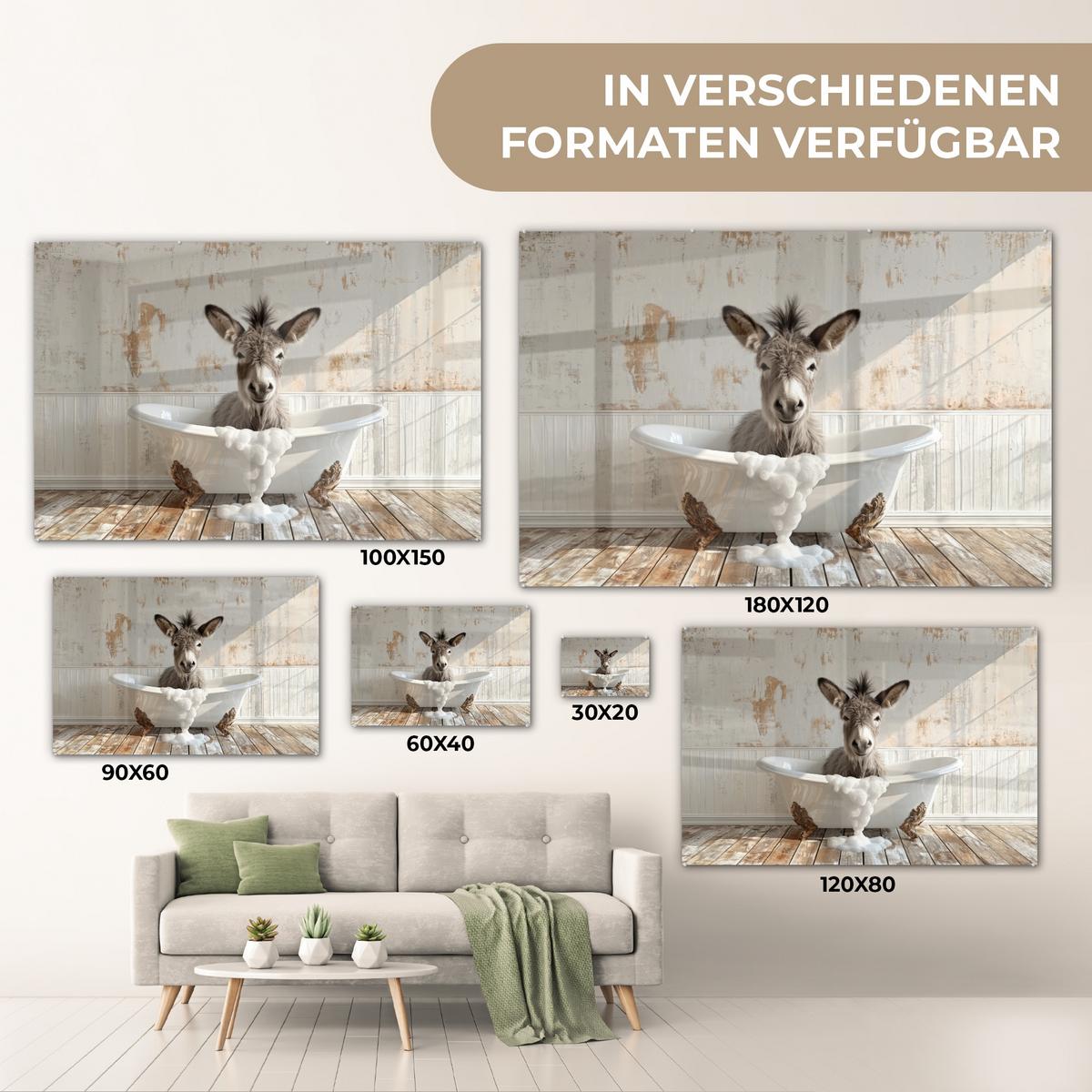 ACRYLGLASBILD Esel - Tiere - Badewanne - Schaumstoff Wandbild Schlafzimmer 120x80 cm - Weiß, Glas (120/80cm) - MuchoWow