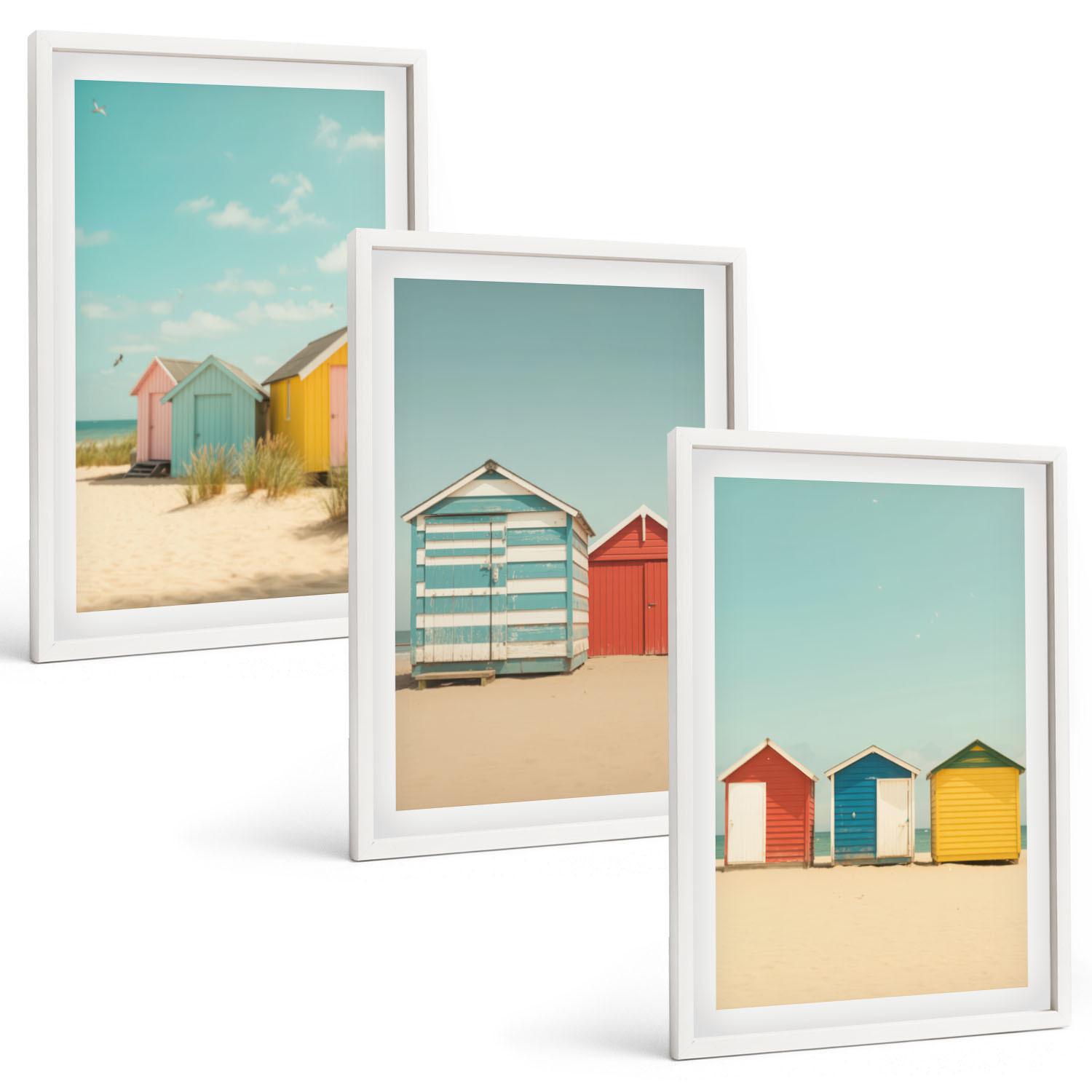 BILDER SET 3er Set - 40x60 cm Weißer Rahmen - Bunte Häuser, Strand, Sonne - Weiß, Kunststoff (40/60cm) - TULUP