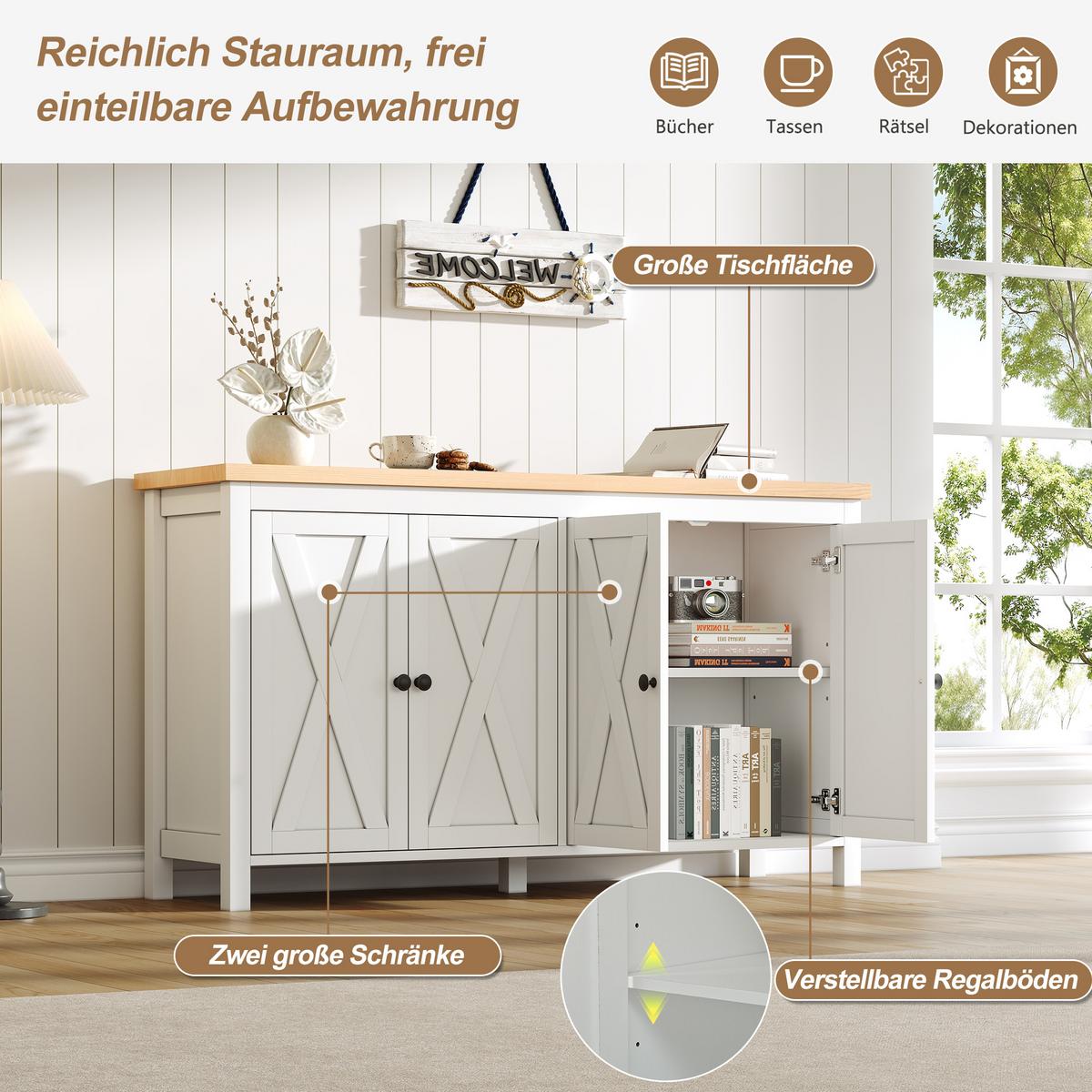 SIDEBOARD Weiß 4 Türen Multifunktional Schrank mit 2 Partitionen - Weiß, Holzwerkstoff (140/78/40cm) - Urban Meuble
