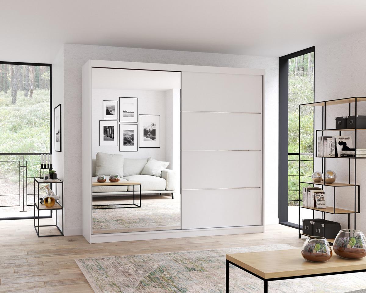 SCHWEBETÜRENSCHRANK Multi 42 Weiß/Weiß + Spiegel mit LED Beleuchtung 203 cm - Alufarben/Weiß, Glas/Holzwerkstoff (203/218/61cm) - imoebel24