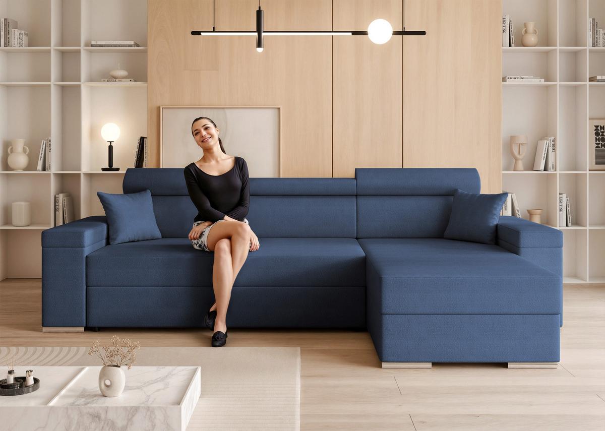 ECKSOFA AISHA Rechts mit Schlaffunktion und Bettkasten Marineblau - Chromfarben/Dunkelblau, Kunststoff/Textil (250/130cm) - Idohome