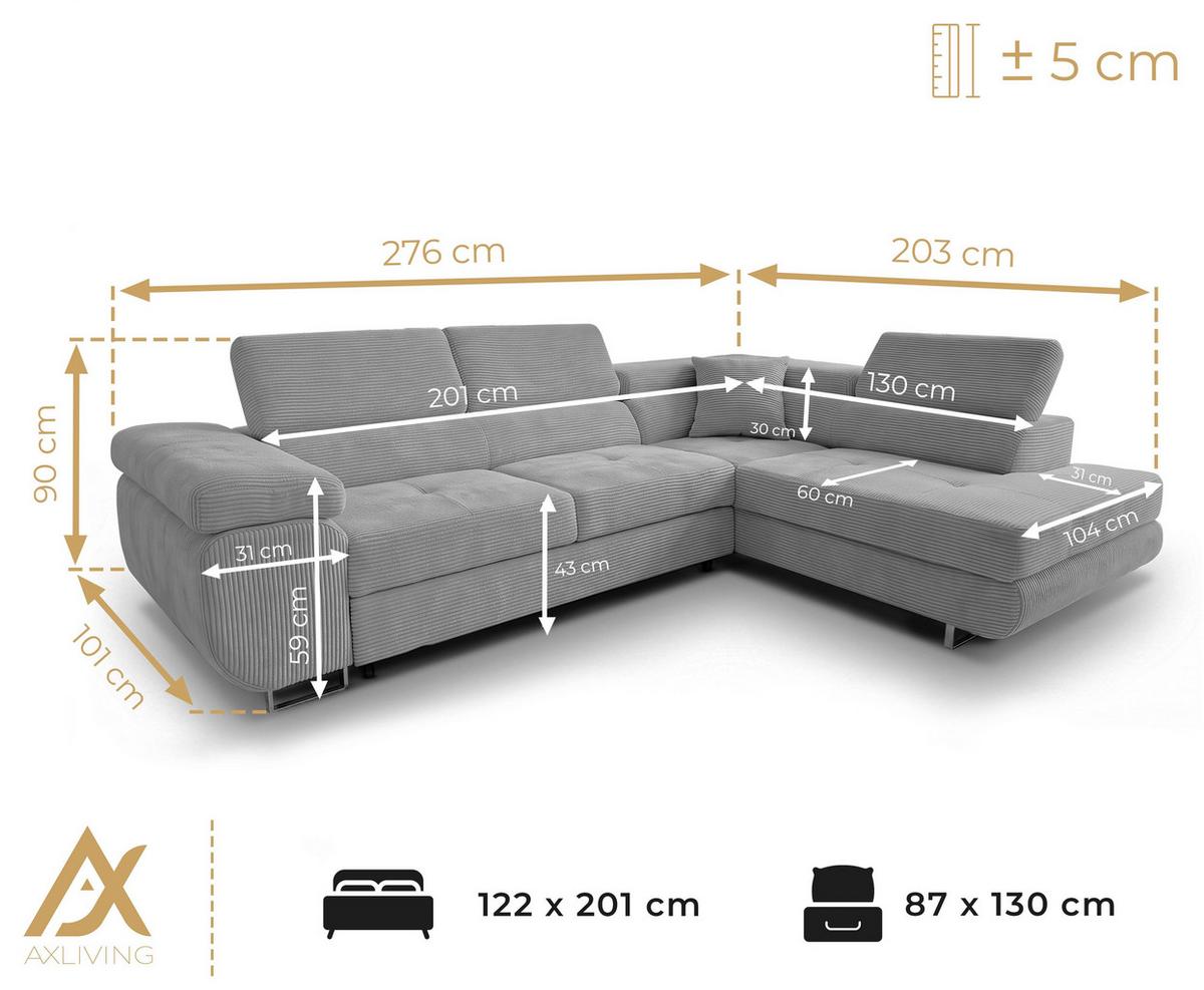 ECKSOFA L Form Konak Hellgrau 276/201/90 cm Rechts mit Schlaffunktion - Silberfarben/Hellgrau, Textil/Metall (276/203cm) - AX Living