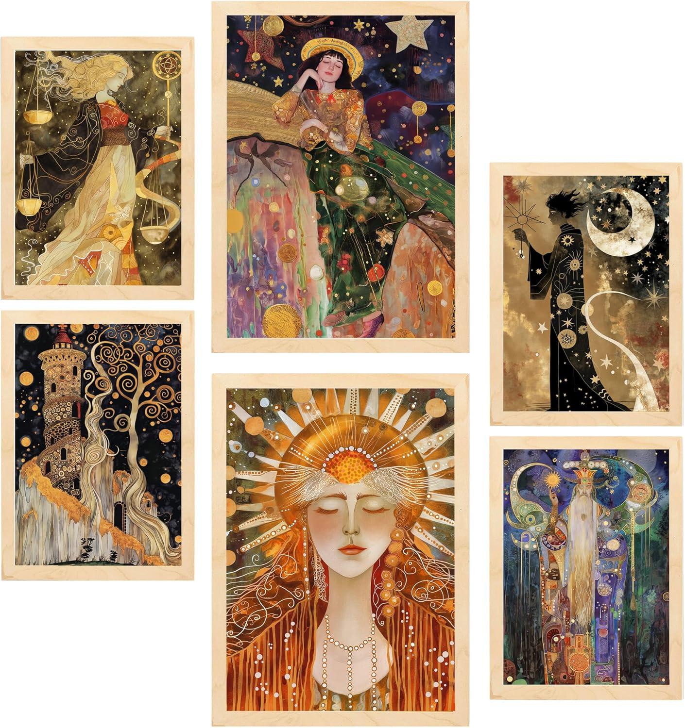 POSTER Set Mit 6 Tarocchi Arcani Cartomanzia A3 & A4 Rahmen Aus Hellem Holz - Beige, Papier (29/3/42cm) - Nacnic
